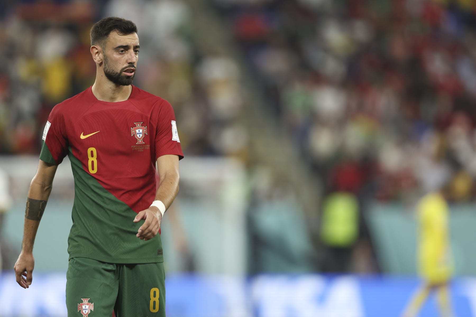 DOHA, QATAR - NOVEMBER 24: Bruno Fernandes of Portugal during the FIFA World Cup Qatar 2022 Group H match between Portugal and Ghana at Stadium 974 on November 24, 2022 in Doha, Qatar. (Photo by Matthew Ashton - AMA/Getty Images)