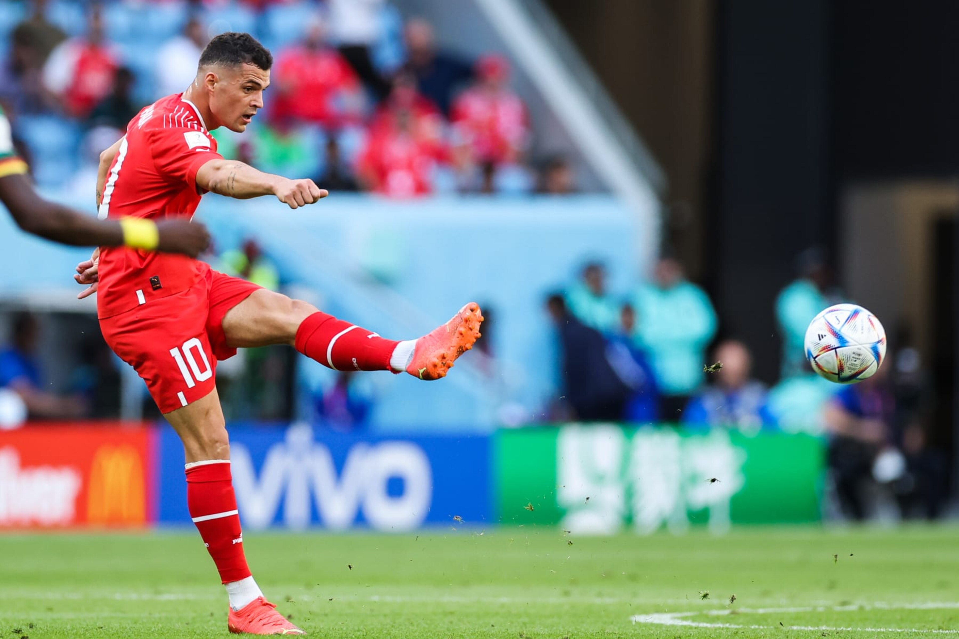 AL WAKRAH, QATAR - NOVEMBER 24: Granit Xhaka #10 of Switzerland kicks the ball during the FIFA World Cup Qatar 2022 Group G match between Switzerland and Cameroon at Al Janoub Stadium on November 24, 2022 in Al Wakrah, Qatar. (Photo by Wu Zhizhao/VCG via Getty Images)
