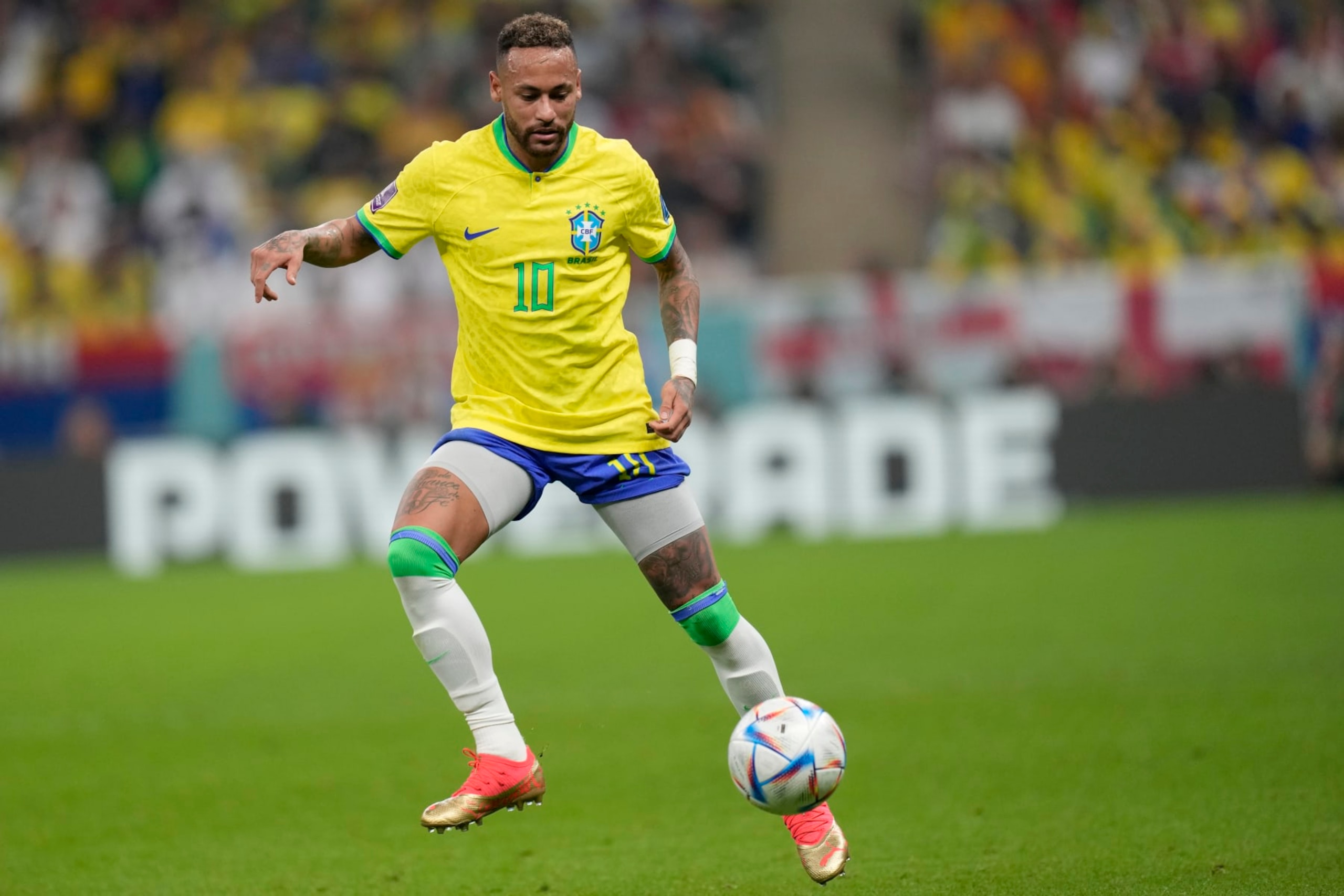 Brazil's Neymar controls the ball during the World Cup group G soccer match between Brazil and Serbia, at the Lusail Stadium in Lusail, Qatar, Thursday, Nov. 24, 2022. (AP Photo/Andre Penner) Brazil's Neymar controls the ball during the World Cup group G soccer match between Brazil and Serbia, at the Lusail Stadium in Lusail, Qatar, Thursday, Nov. 24, 2022. (AP Photo/Andre Penner)