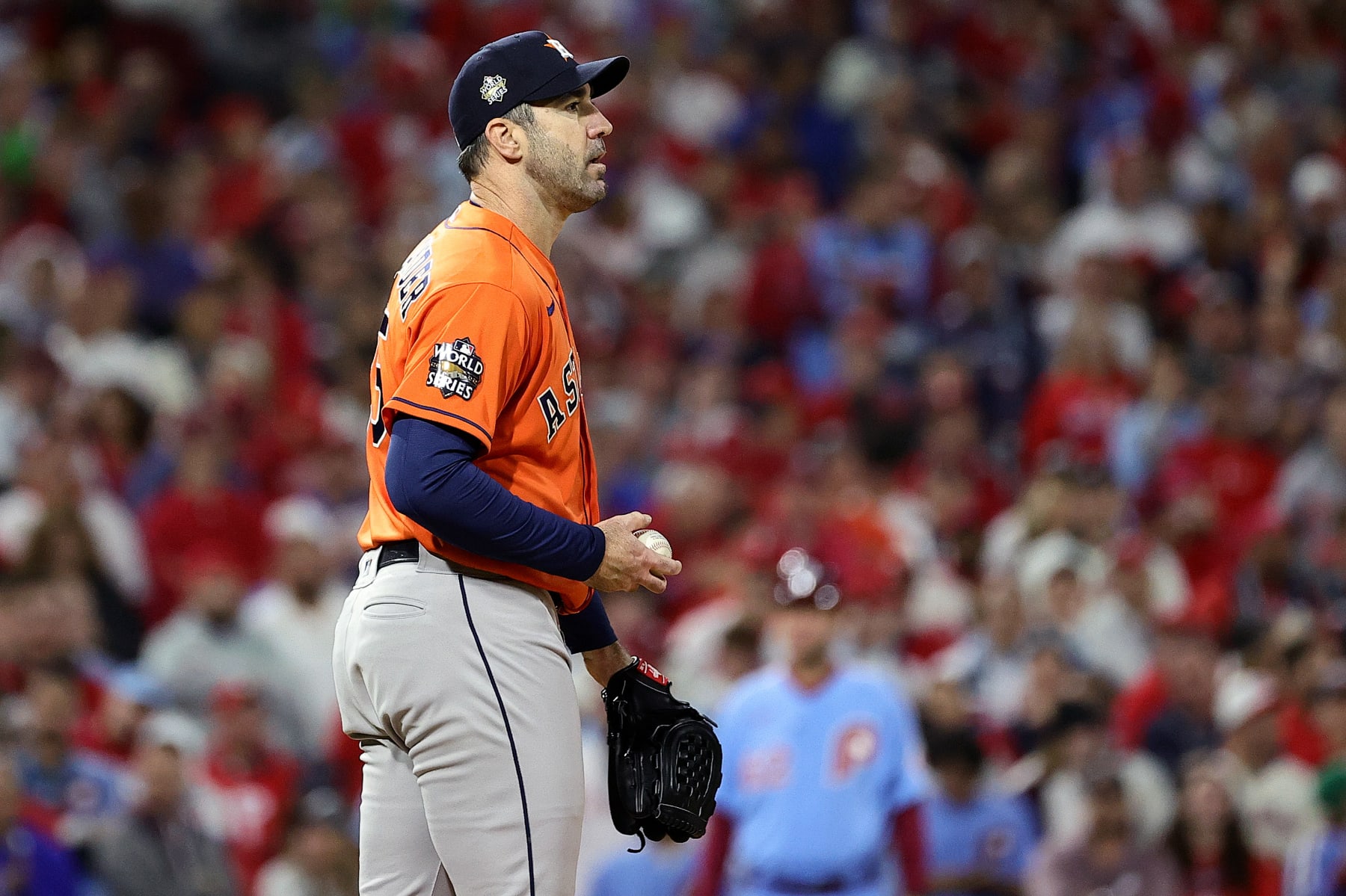 PHILADELPHIA, PENNSYLVANIA - NOVEMBER 03: Justin Verlander #35 of the Houston Astros looks on against the Philadelphia Phillies during the first inning in Game Five of the 2022 World Series at Citizens Bank Park on November 03, 2022 in Philadelphia, Pennsylvania. (Photo by Tim Nwachukwu/Getty Images)