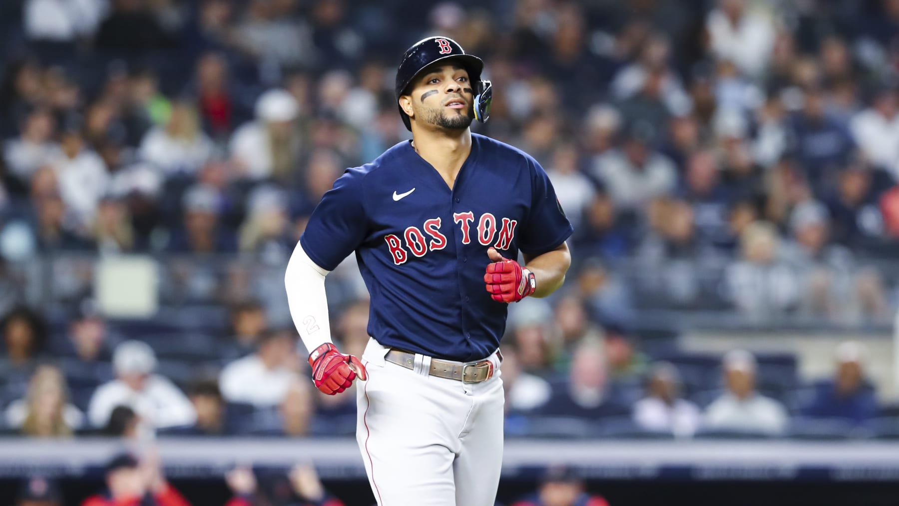 Boston Red Sox's Xander Bogaerts runs towards first base after walking against New York Yankees starting pitcher Nestor Cortes during the first inning of a baseball game Sunday, Sept. 25, 2022, in New York. (AP Photo/Jessie Alcheh)