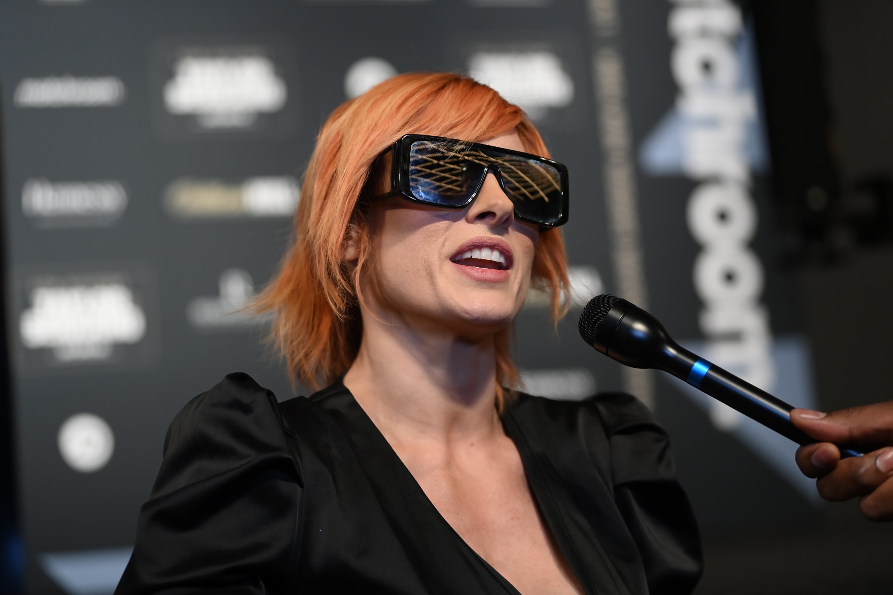 New York , United States - 29 April 2022; WWE wrestler Becky Lynch during the weigh-ins, held at Hulu Theatre at Madison Square Garden, ahead of the undisputed lightweight championship fight between Katie Taylor and Amanda Serrano, on Saturday night at Madison Square Garden in New York, USA. (Photo By Stephen McCarthy/Sportsfile via Getty Images)