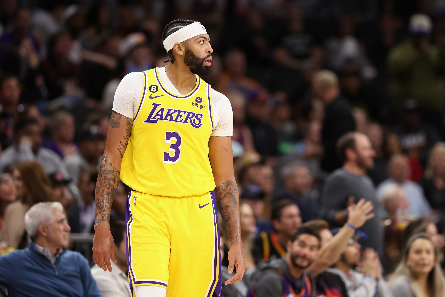 PHOENIX, ARIZONA - NOVEMBER 22: Anthony Davis #3 of the Los Angeles Lakers during the first half of the NBA game at Footprint Center on November 22, 2022 in Phoenix, Arizona. NOTE TO USER: User expressly acknowledges and agrees that, by downloading and or using this photograph, User is consenting to the terms and conditions of the Getty Images License Agreement.  (Photo by Christian Petersen/Getty Images)