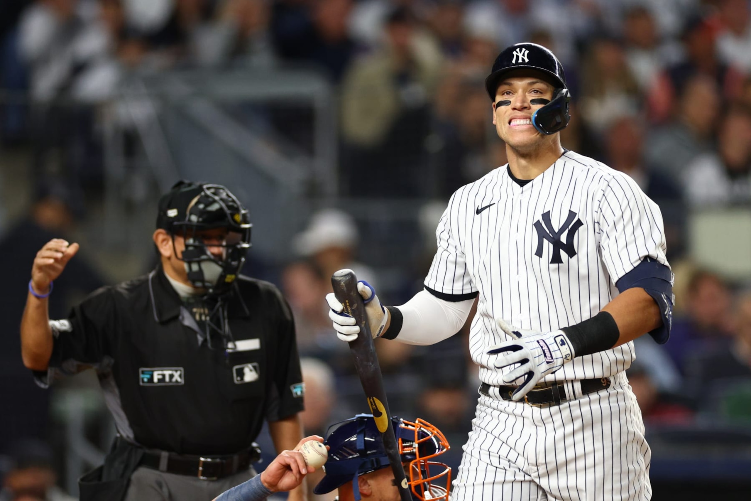 NEW YORK, NEW YORK - OCTOBER 22: Aaron Judge #99 of the New York Yankees reacts after striking out against the Houston Astros during the fourth inning in game three of the American League Championship Series at Yankee Stadium on October 22, 2022 in New York City. (Photo by Elsa/Getty Images) NEW YORK, NEW YORK - OCTOBER 22: Aaron Judge #99 of the New York Yankees reacts after striking out against the Houston Astros during the fourth inning in game three of the American League Championship Series at Yankee Stadium on October 22, 2022 in New York City. (Photo by Elsa/Getty Images)