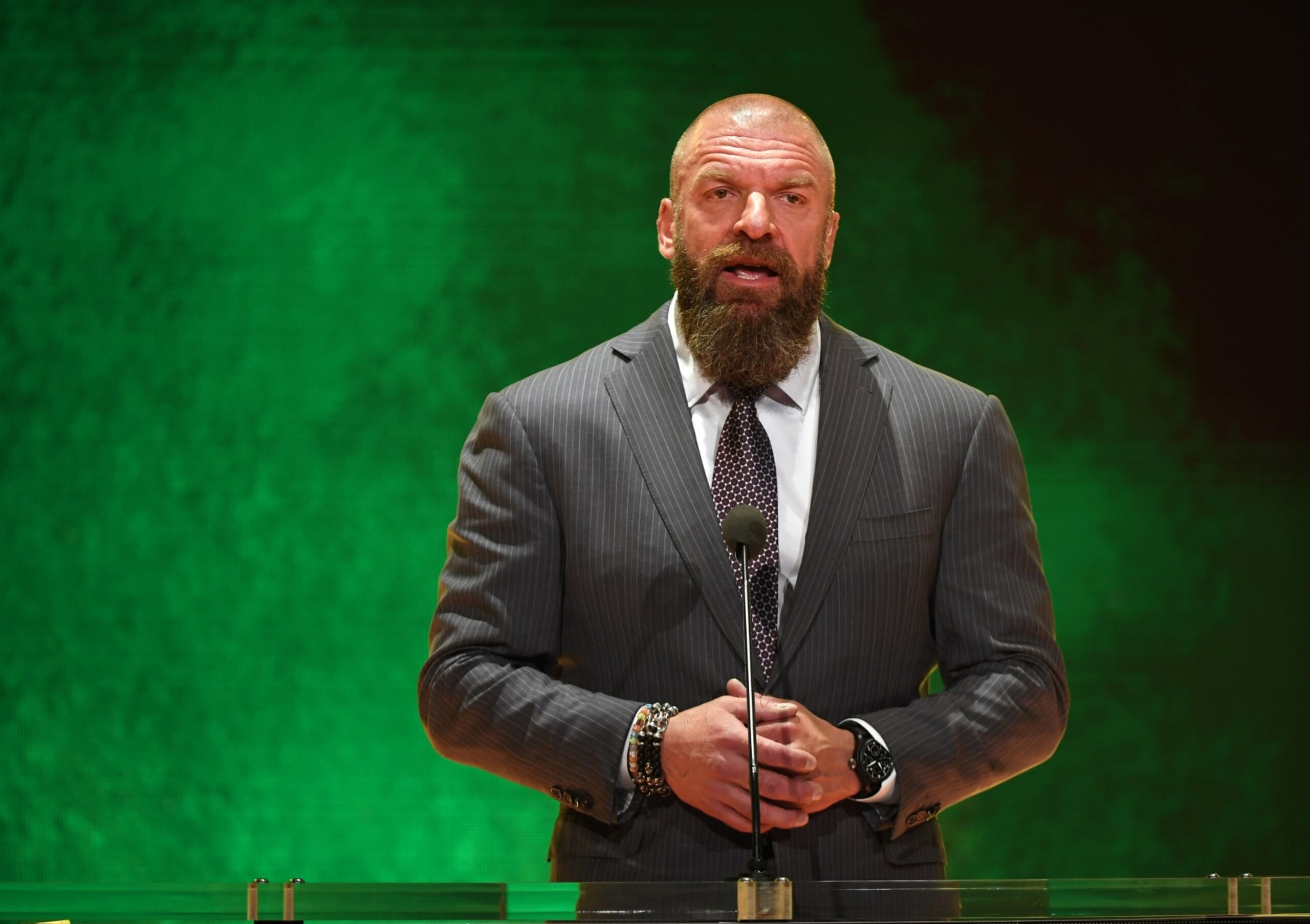 LAS VEGAS, NEVADA - OCTOBER 11: WWE Executive Vice President of Talent, Live Events and Creative Paul "Triple H" Levesque speaks at a WWE news conference at T-Mobile Arena on October 11, 2019 in Las Vegas, Nevada. It was announced that WWE wrestler Braun Strowman will face heavyweight boxer Tyson Fury and WWE champion Brock Lesnar will take on former UFC heavyweight champion Cain Velasquez at the WWE's Crown Jewel event at Fahd International Stadium in Riyadh, Saudi Arabia on October 31. (Photo by Ethan Miller/Getty Images) LAS VEGAS, NEVADA - OCTOBER 11: WWE Executive Vice President of Talent, Live Events and Creative Paul "Triple H" Levesque speaks at a WWE news conference at T-Mobile Arena on October 11, 2019 in Las Vegas, Nevada. It was announced that WWE wrestler Braun Strowman will face heavyweight boxer Tyson Fury and WWE champion Brock Lesnar will take on former UFC heavyweight champion Cain Velasquez at the WWE's Crown Jewel event at Fahd International Stadium in Riyadh, Saudi Arabia on October 31. (Photo by Ethan Miller/Getty Images)