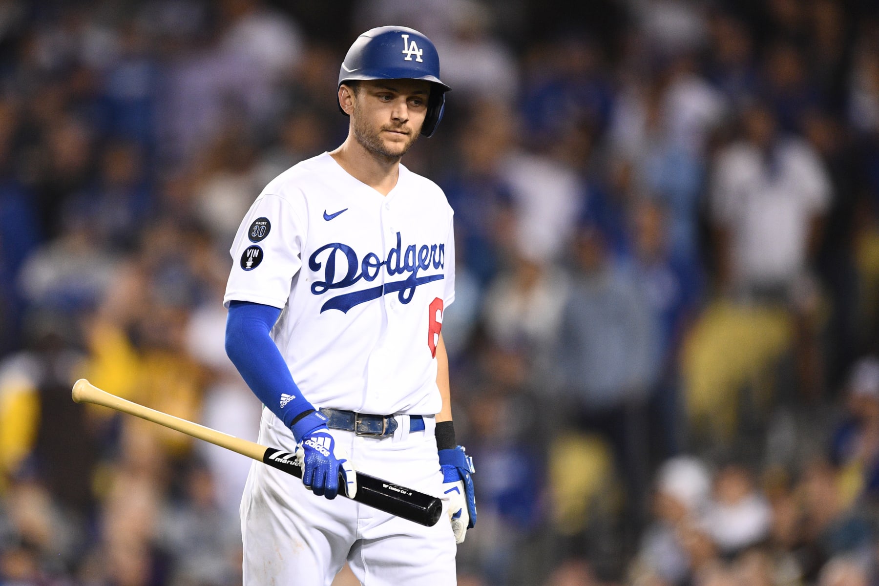 LOS ANGELES, CA - OCTOBER 12: Los Angeles Dodgers shortstop Trea Turner (6) reacts after striking out during the NLDS Game 2 between the San Diego Padres and the Los Angeles Dodgers on October 12, 2022 at Dodger Stadium in Los Angeles, CA. (Photo by Brian Rothmuller/Icon Sportswire via Getty Images)