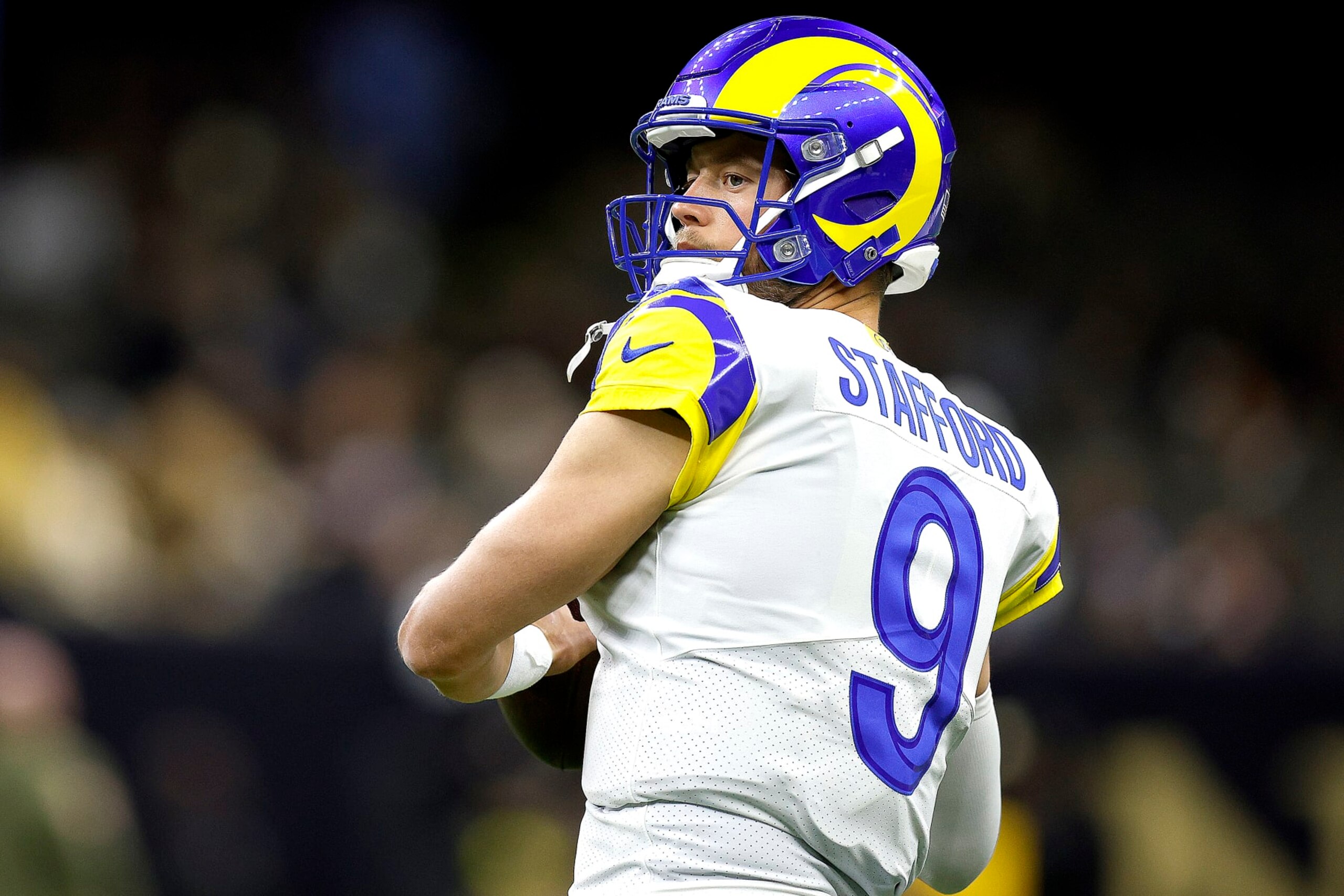 NEW ORLEANS, LOUISIANA - NOVEMBER 20: Matthew Stafford #9 of the Los Angeles Rams warms up prior to the start of an NFL game against the New Orleans Saints at Caesars Superdome on November 20, 2022 in New Orleans, Louisiana. (Photo by Sean Gardner/Getty Images) NEW ORLEANS, LOUISIANA - NOVEMBER 20: Matthew Stafford #9 of the Los Angeles Rams warms up prior to the start of an NFL game against the New Orleans Saints at Caesars Superdome on November 20, 2022 in New Orleans, Louisiana. (Photo by Sean Gardner/Getty Images)