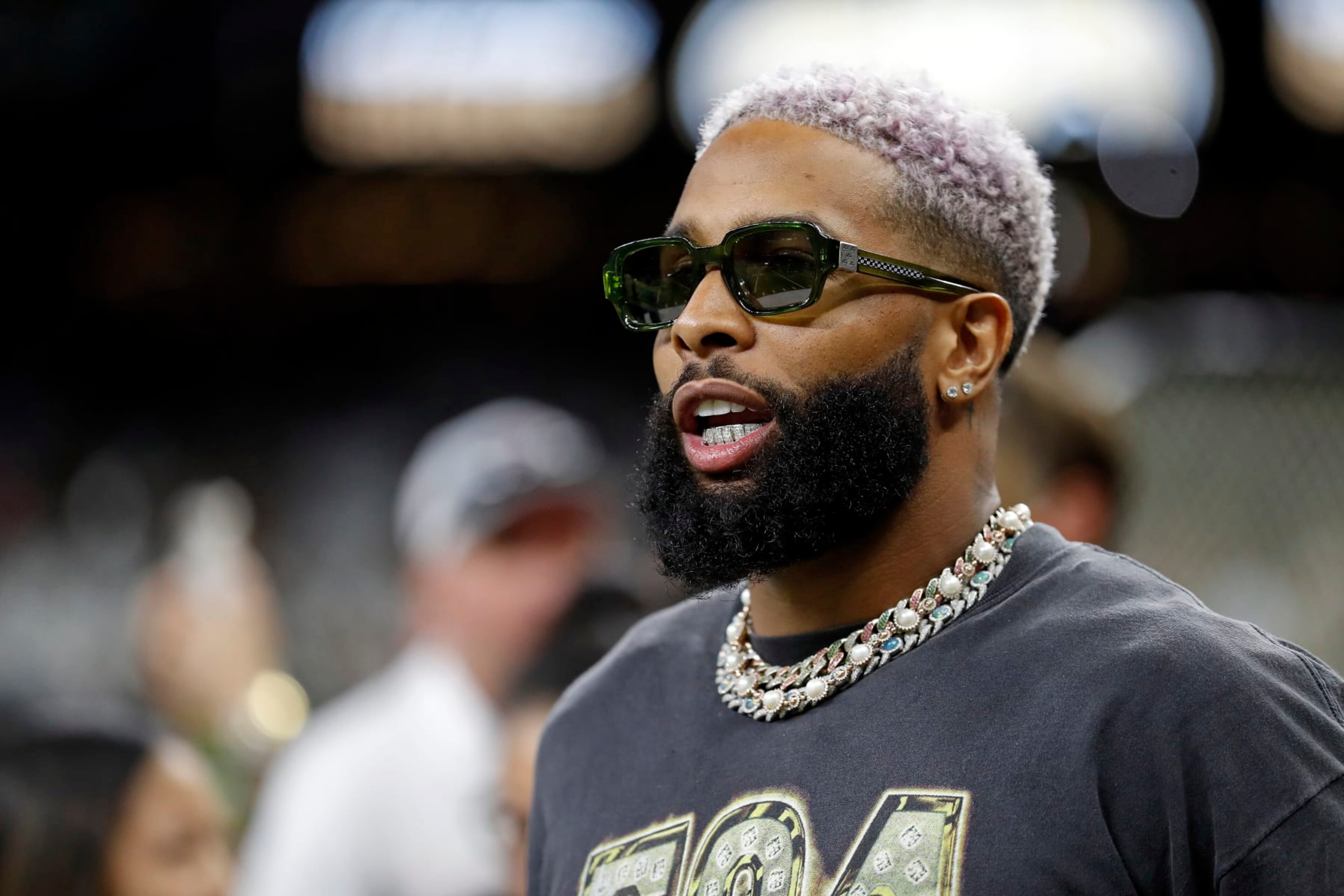 Odell Beckham Jr. is seen on the sidelines before an NFL football game between the New Orleans Saints and the Tampa Bay Buccaneers, Sunday, Sept. 18, 2022, in New Orleans. (AP Photo/Tyler Kaufman) Odell Beckham Jr. is seen on the sidelines before an NFL football game between the New Orleans Saints and the Tampa Bay Buccaneers, Sunday, Sept. 18, 2022, in New Orleans. (AP Photo/Tyler Kaufman)
