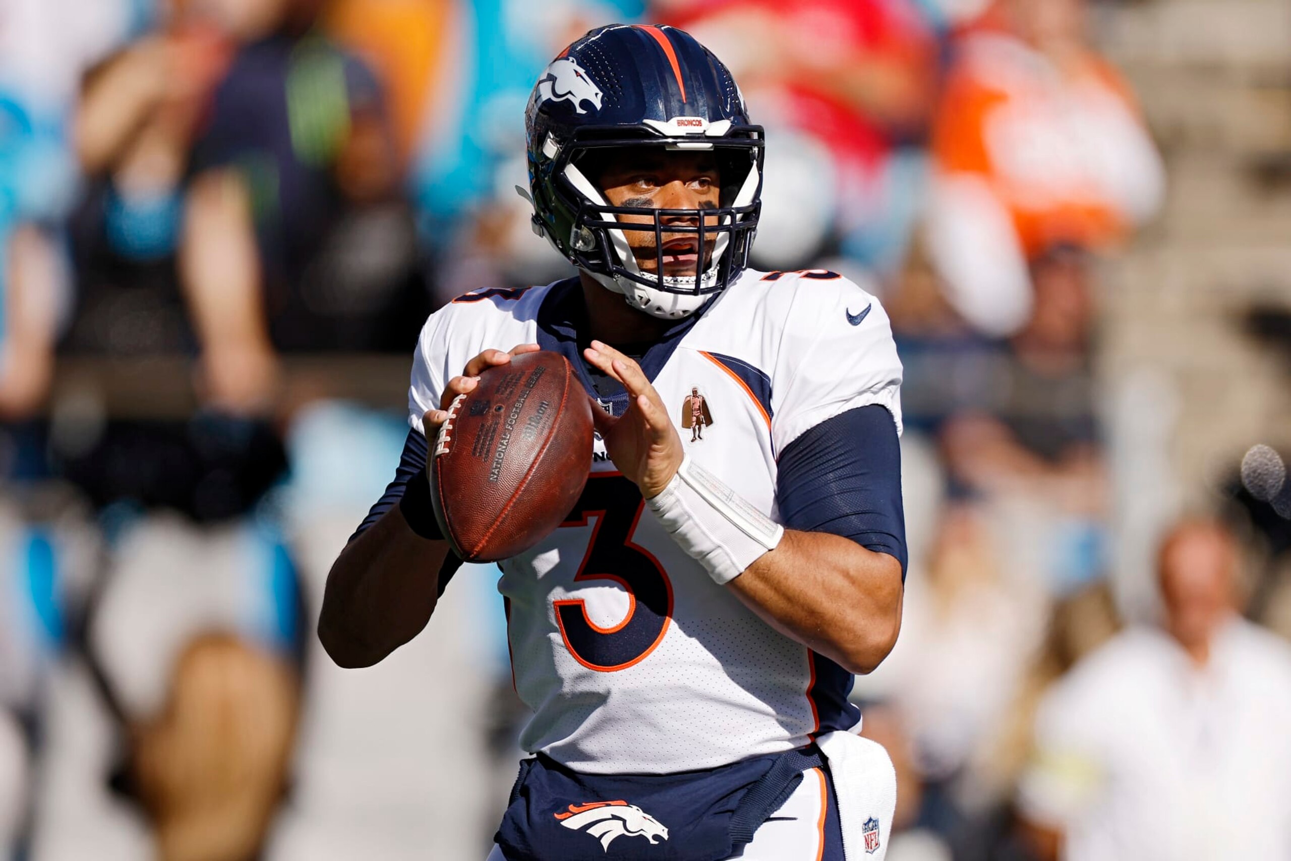 CHARLOTTE, NORTH CAROLINA - NOVEMBER 27: Russell Wilson #3 of the Denver Broncos throws the ball during the first quarter against the Carolina Panthers at Bank of America Stadium on November 27, 2022 in Charlotte, North Carolina. (Photo by Jared C. Tilton/Getty Images) CHARLOTTE, NORTH CAROLINA - NOVEMBER 27: Russell Wilson #3 of the Denver Broncos throws the ball during the first quarter against the Carolina Panthers at Bank of America Stadium on November 27, 2022 in Charlotte, North Carolina. (Photo by Jared C. Tilton/Getty Images)