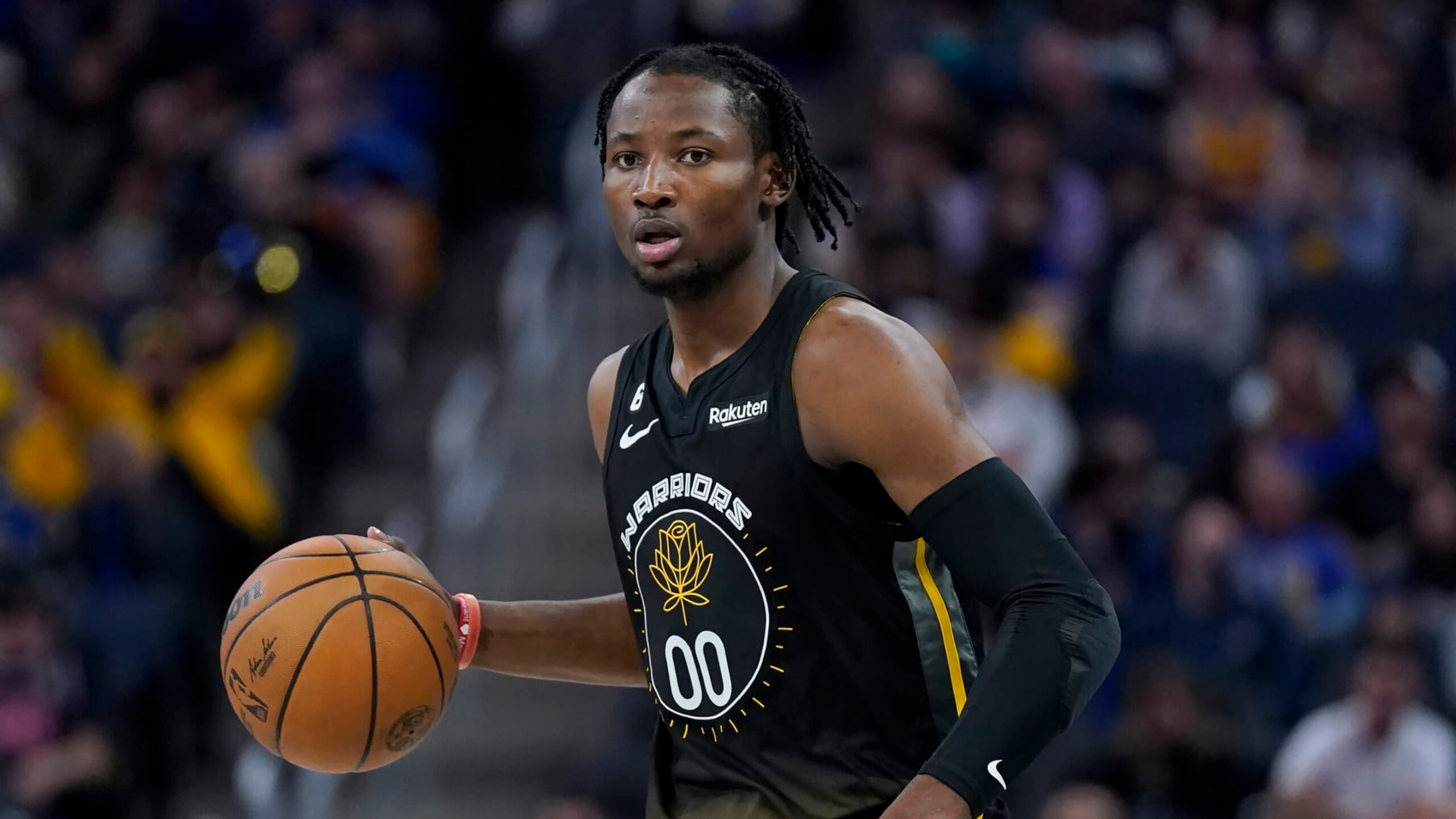 Golden State Warriors forward Jonathan Kuminga (00) during an NBA basketball game against the Los Angeles Clippers in San Francisco, Wednesday, Nov. 23, 2022. (AP Photo/Jeff Chiu) Golden State Warriors forward Jonathan Kuminga (00) during an NBA basketball game against the Los Angeles Clippers in San Francisco, Wednesday, Nov. 23, 2022. (AP Photo/Jeff Chiu)