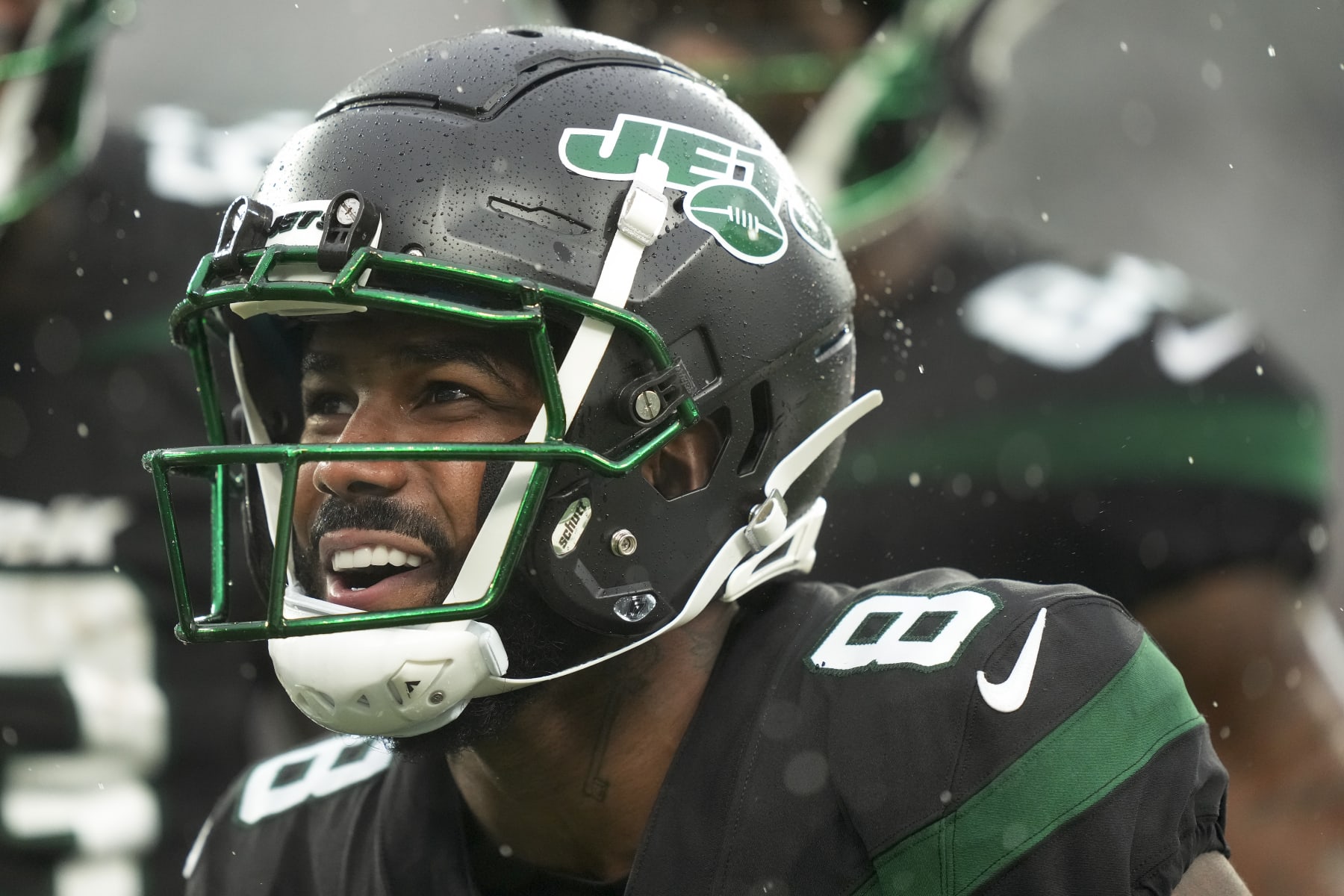 New York Jets wide receiver Elijah Moore (8) reacts against the Chicago Bears during the second quarter of an NFL football game, Sunday, Nov. 27, 2022, in East Rutherford, N.J. (AP Photo/John Minchillo)