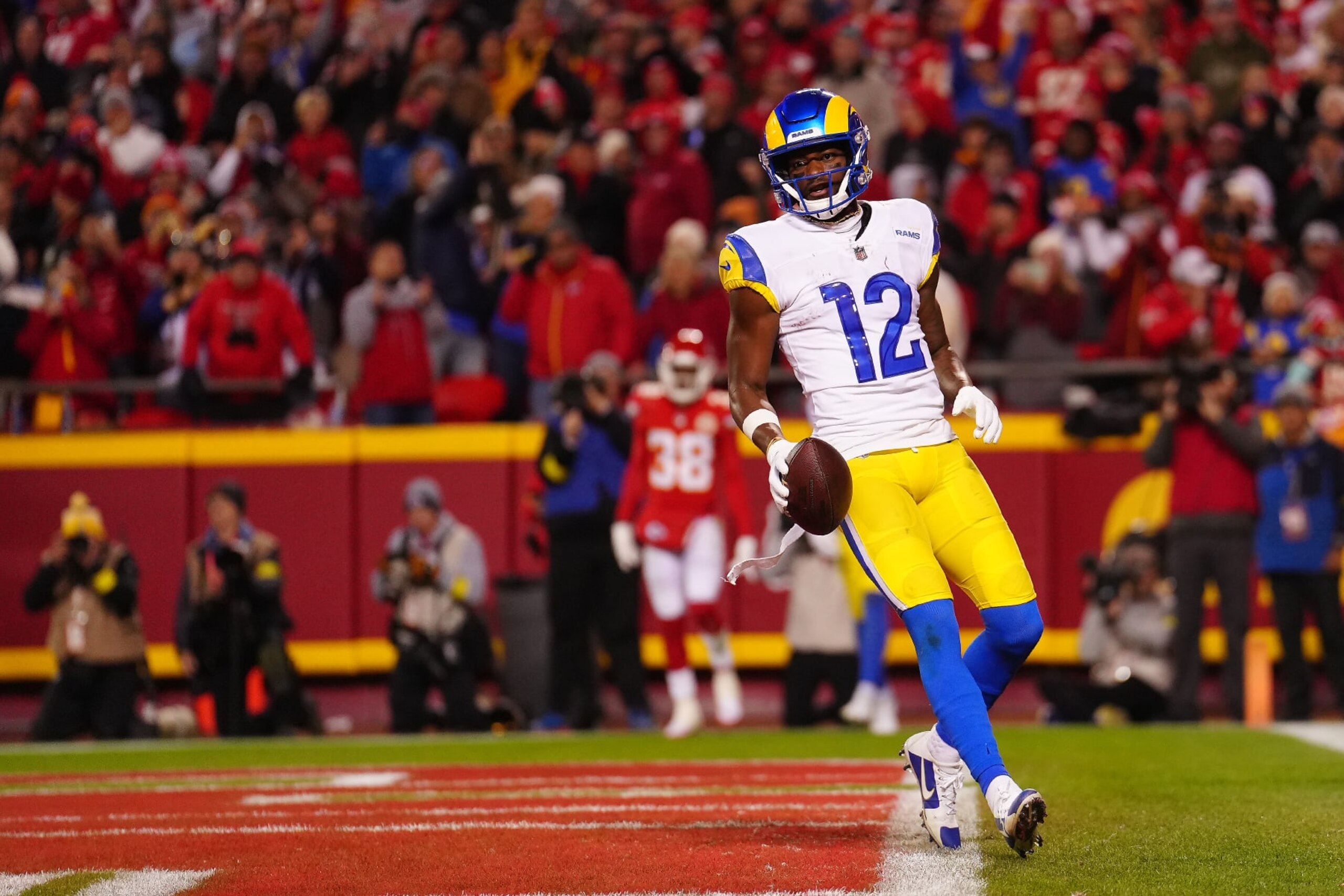 KANSAS CITY, MISSOURI - NOVEMBER 27: Van Jefferson #12 of the Los Angeles Rams celebrates a touchdown during the fourth quarter against the Kansas City Chiefs at Arrowhead Stadium on November 27, 2022 in Kansas City, Missouri. (Photo by Jason Hanna/Getty Images) KANSAS CITY, MISSOURI - NOVEMBER 27: Van Jefferson #12 of the Los Angeles Rams celebrates a touchdown during the fourth quarter against the Kansas City Chiefs at Arrowhead Stadium on November 27, 2022 in Kansas City, Missouri. (Photo by Jason Hanna/Getty Images)