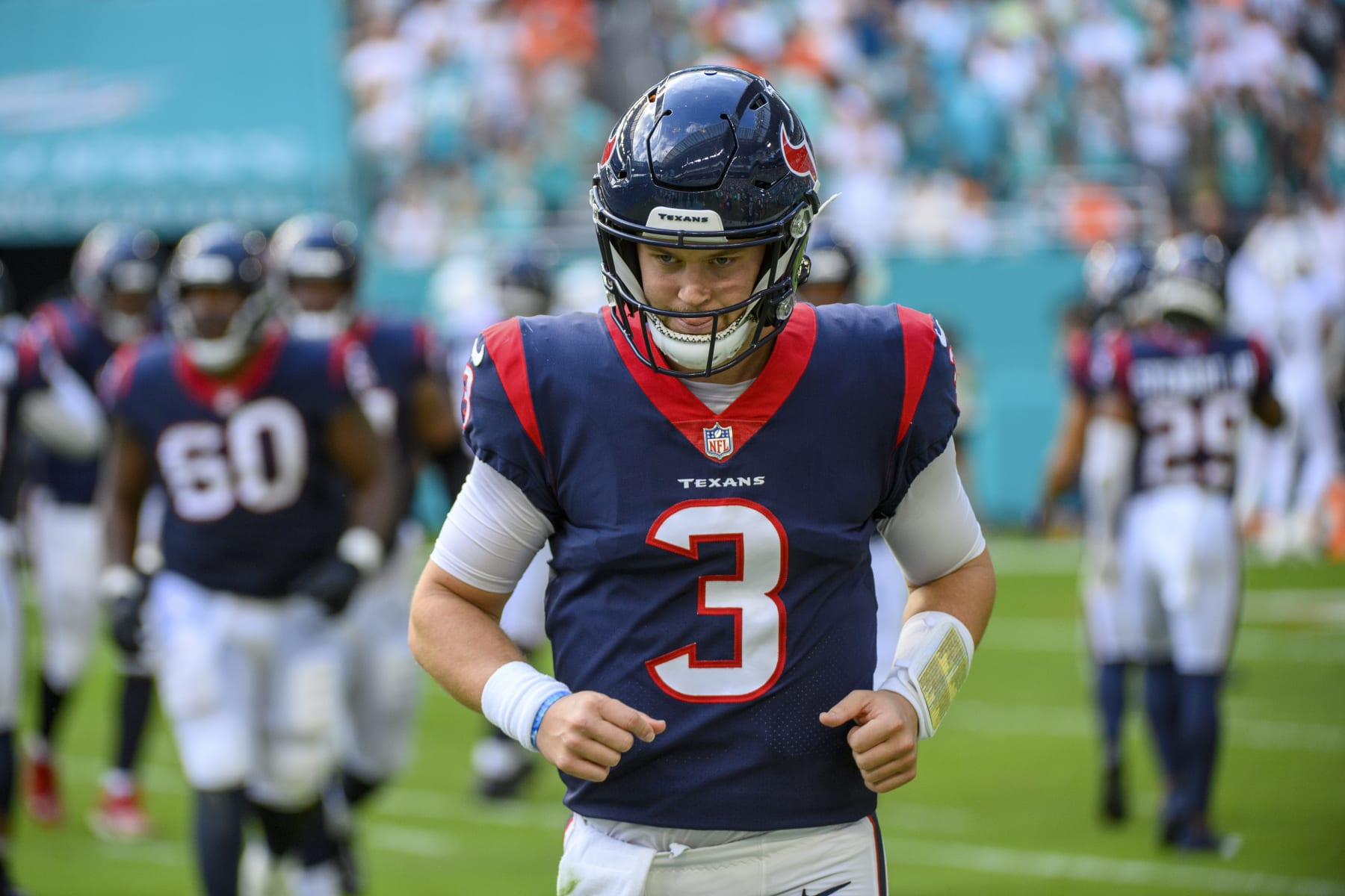 Houston Texans quarterback Kyle Allen (3) looks down at the field after throwing an interception during an NFL football game against the Miami Dolphins, Sunday, Nov. 27, 2022, in Miami Gardens, Fla. (AP Photo/Doug Murray)