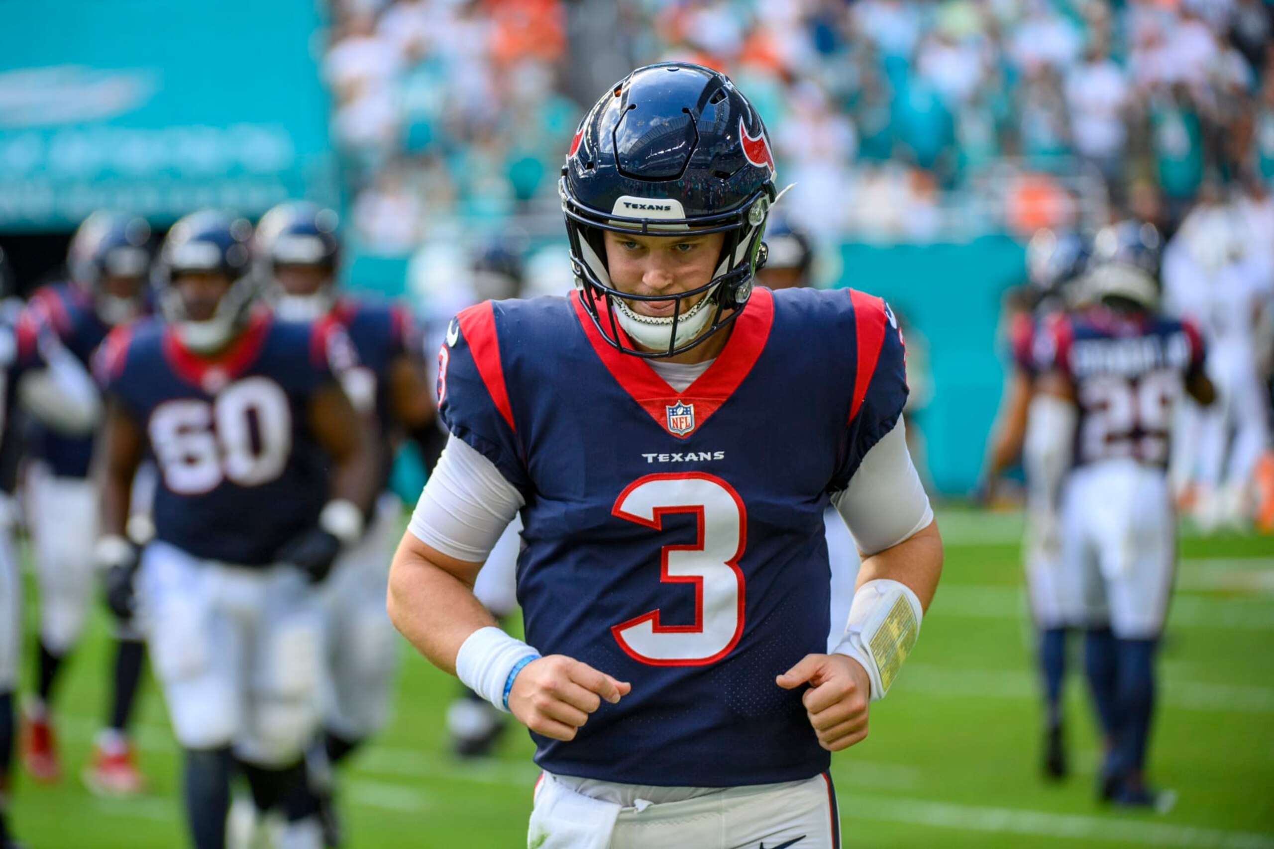 Houston Texans quarterback Kyle Allen (3) looks down at the field after throwing an interception during an NFL football game against the Miami Dolphins, Sunday, Nov. 27, 2022, in Miami Gardens, Fla. (AP Photo/Doug Murray) Houston Texans quarterback Kyle Allen (3) looks down at the field after throwing an interception during an NFL football game against the Miami Dolphins, Sunday, Nov. 27, 2022, in Miami Gardens, Fla. (AP Photo/Doug Murray)