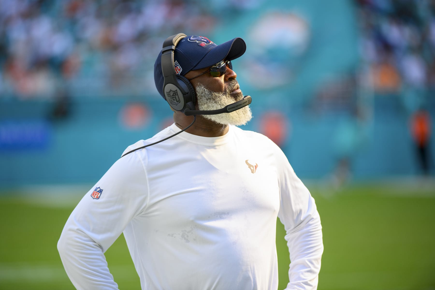 Houston Texans head coach Lovie Smith watches a replay during an NFL football game against the Miami Dolphins, Sunday, Nov. 27, 2022, in Miami Gardens, Fla. (AP Photo/Doug Murray)