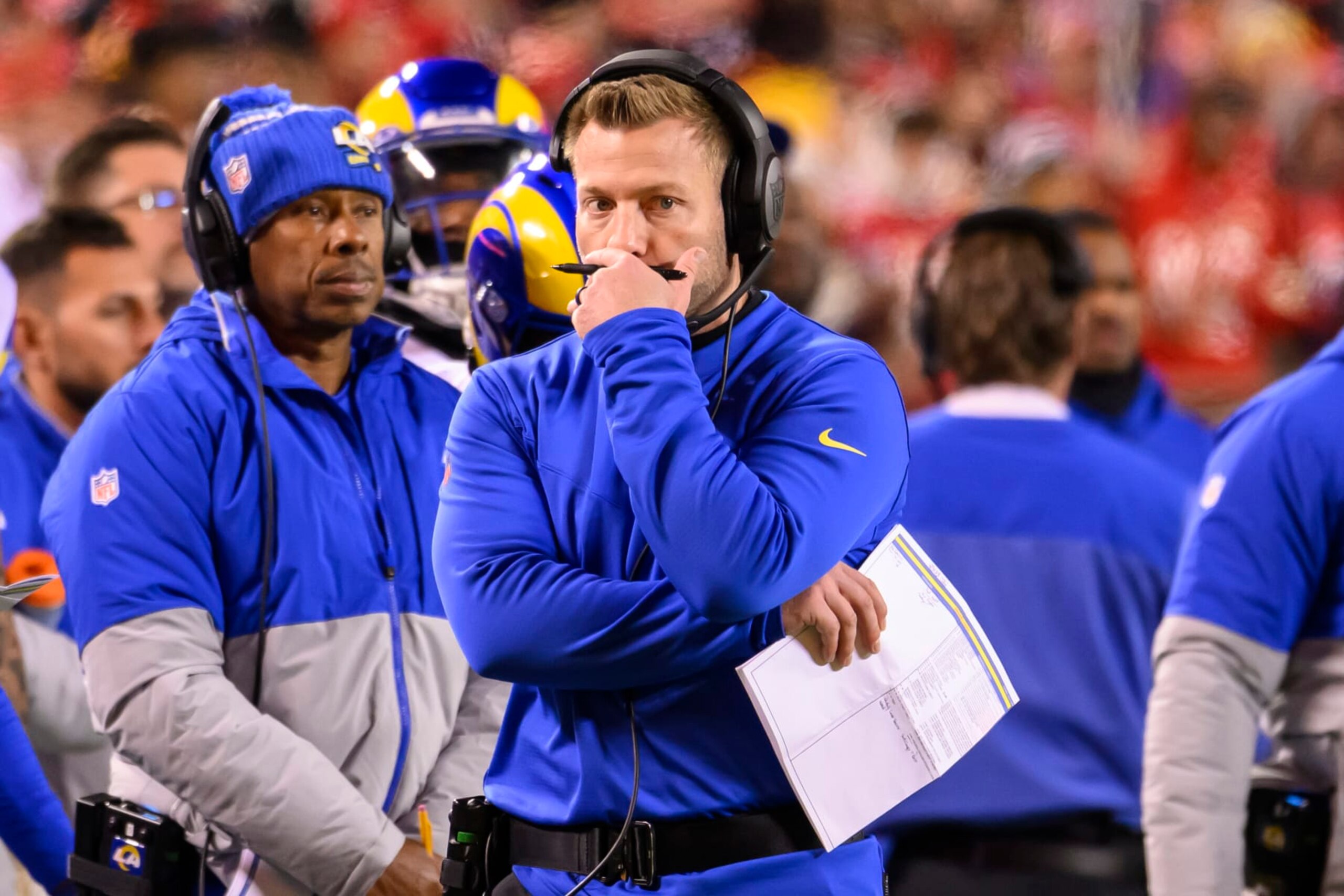 Los Angeles Rams head coach Sean McVay look on during the second half of their NFL football game against the Kansas City Chiefs, Sunday, Nov. 27, 2022 in Kansas City, Mo. (AP Photo/Reed Hoffmann) Los Angeles Rams head coach Sean McVay look on during the second half of their NFL football game against the Kansas City Chiefs, Sunday, Nov. 27, 2022 in Kansas City, Mo. (AP Photo/Reed Hoffmann)
