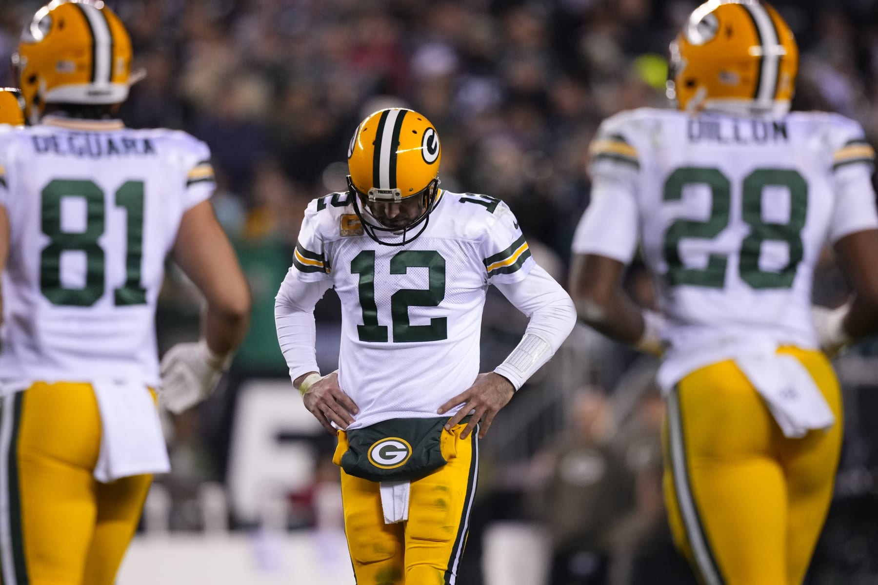 Green Bay Packers quarterback Aaron Rodgers (12) reacts during the second half of an NFL football game against the Philadelphia Eagles, Sunday, Nov. 27, 2022, in Philadelphia. (AP Photo/Matt Slocum)