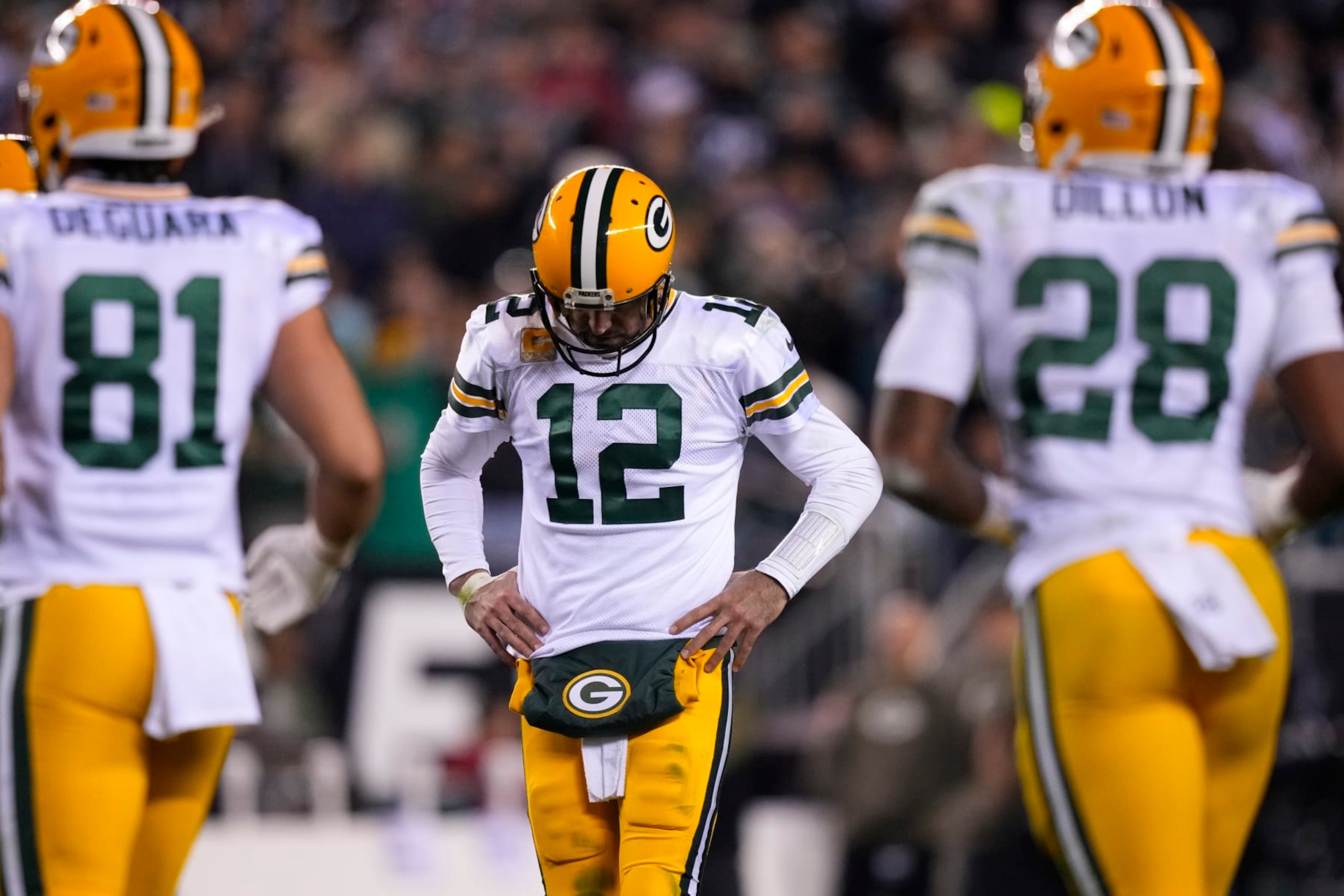 Green Bay Packers quarterback Aaron Rodgers (12) reacts during the second half of an NFL football game against the Philadelphia Eagles, Sunday, Nov. 27, 2022, in Philadelphia. (AP Photo/Matt Slocum) Green Bay Packers quarterback Aaron Rodgers (12) reacts during the second half of an NFL football game against the Philadelphia Eagles, Sunday, Nov. 27, 2022, in Philadelphia. (AP Photo/Matt Slocum)