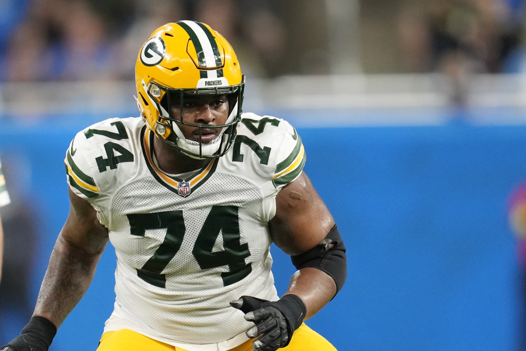 Green Bay Packers guard Elgton Jenkins plays during the second half of an NFL football game against the Detroit Lions, Sunday, Nov. 6, 2022, in Detroit. (AP Photo/Paul Sancya)