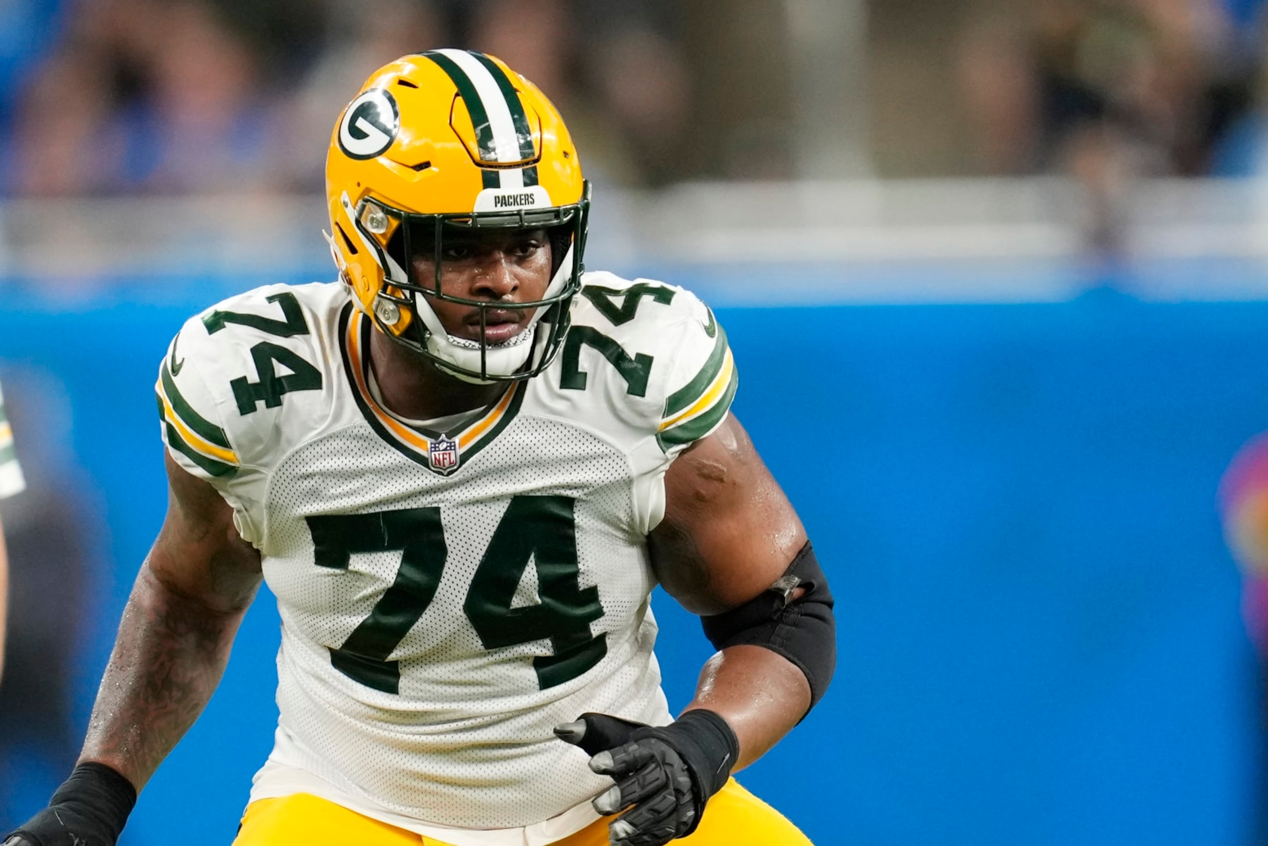 Green Bay Packers guard Elgton Jenkins plays during the second half of an NFL football game against the Detroit Lions, Sunday, Nov. 6, 2022, in Detroit. (AP Photo/Paul Sancya) Green Bay Packers guard Elgton Jenkins plays during the second half of an NFL football game against the Detroit Lions, Sunday, Nov. 6, 2022, in Detroit. (AP Photo/Paul Sancya)