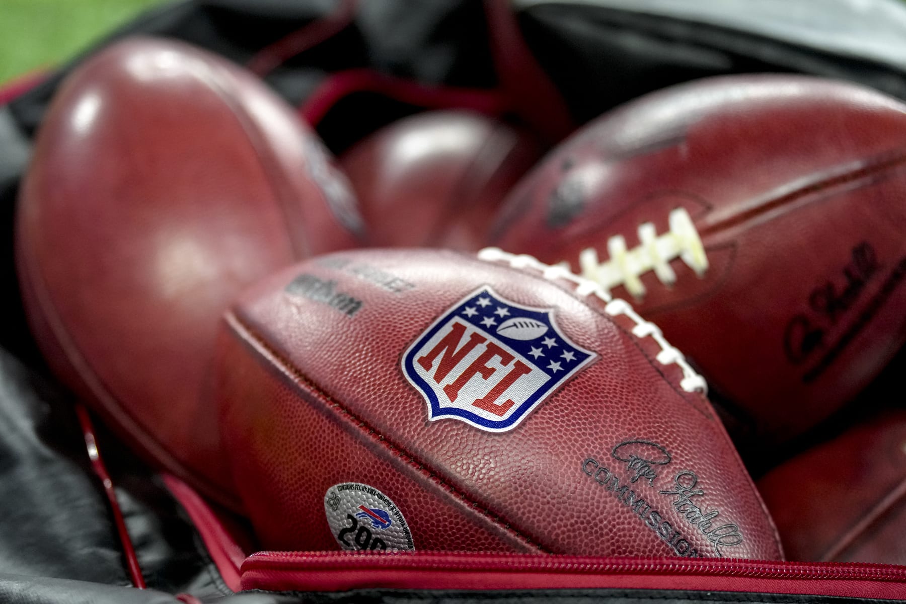 DETROIT, MICHIGAN - NOVEMBER 20: Wilson brand footballs with the NFL logo are pictured during the game between the Buffalo Bills and Cleveland Browns at Ford Field on November 20, 2022 in Detroit, Michigan. (Photo by Nic Antaya/Getty Images)