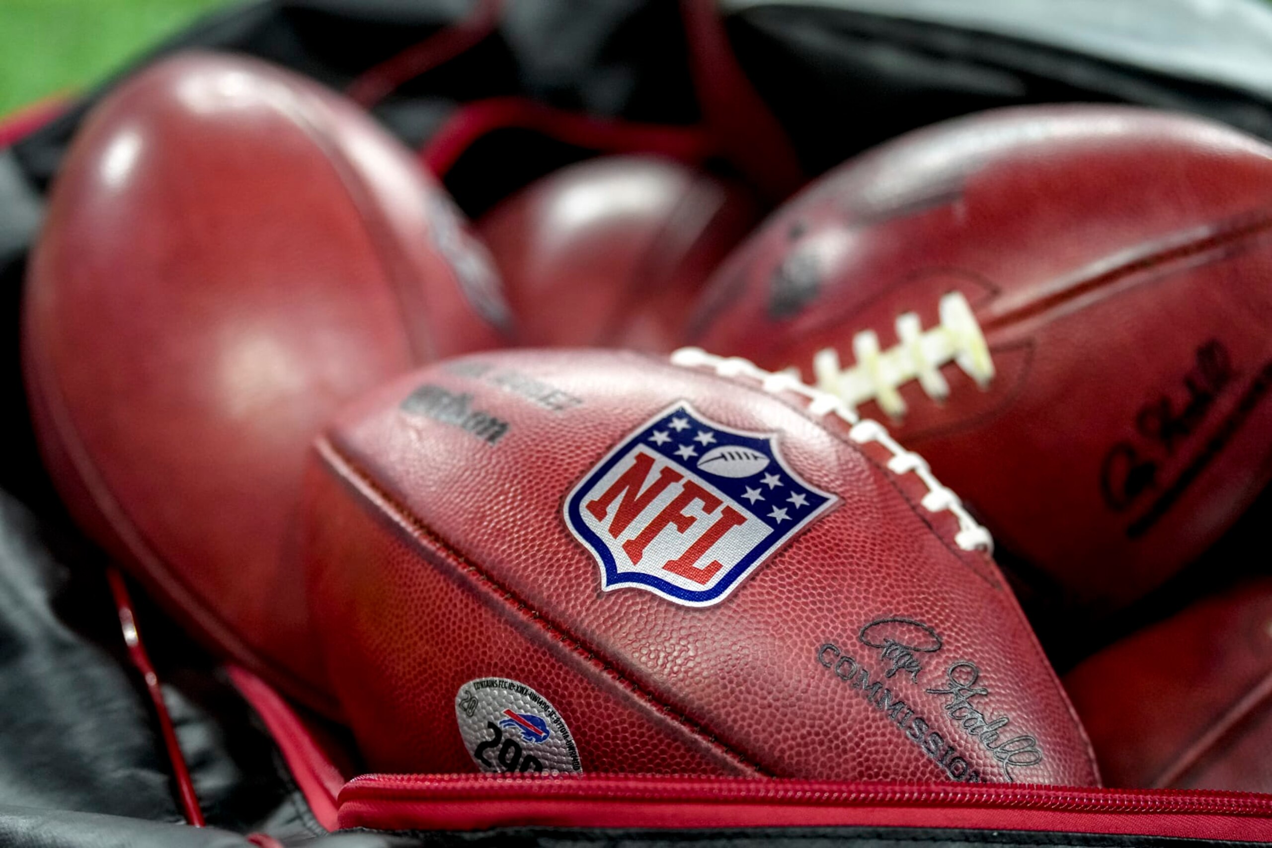 DETROIT, MICHIGAN - NOVEMBER 20: Wilson brand footballs with the NFL logo are pictured during the game between the Buffalo Bills and Cleveland Browns at Ford Field on November 20, 2022 in Detroit, Michigan. (Photo by Nic Antaya/Getty Images)