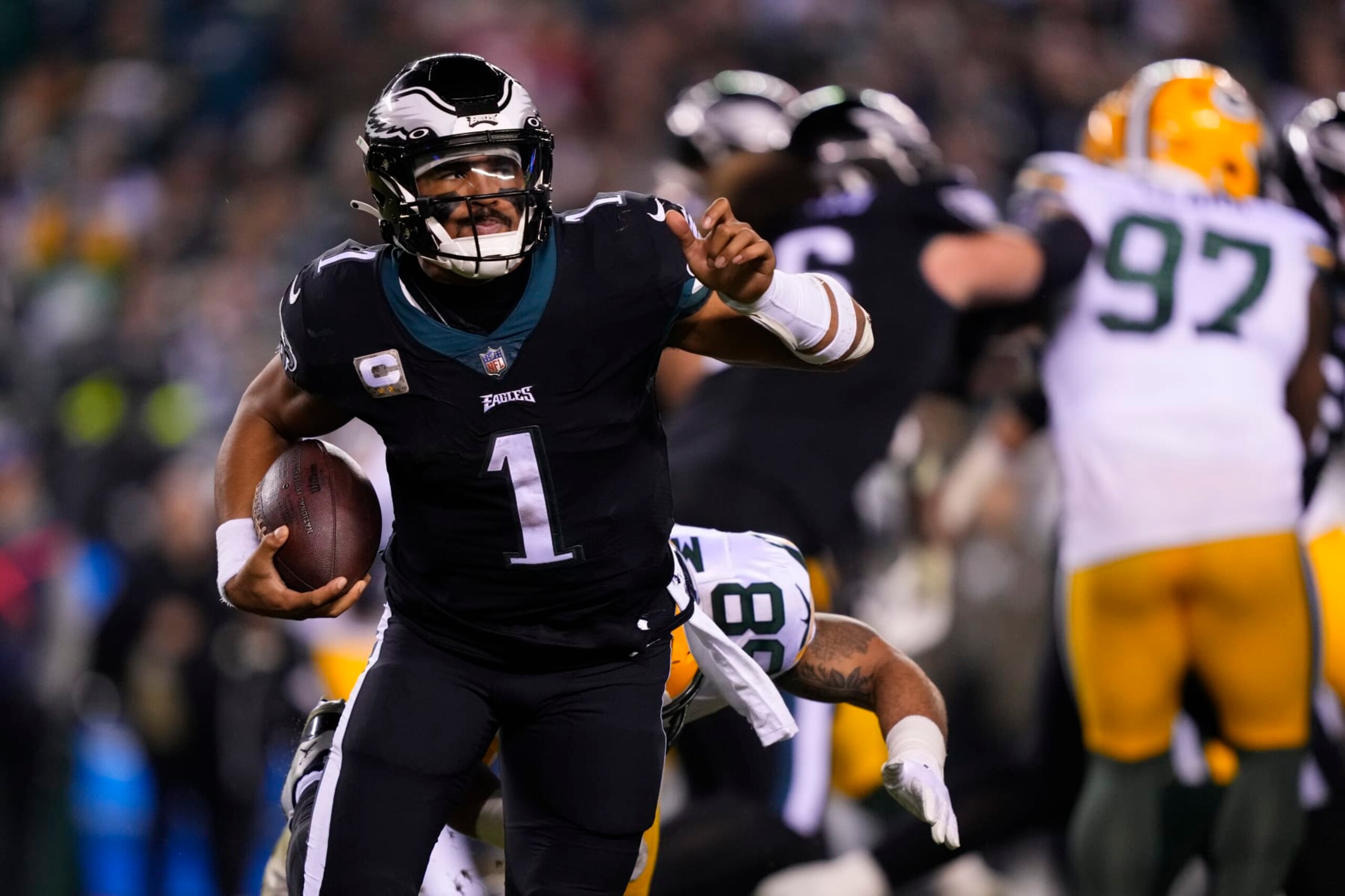 Philadelphia Eagles quarterback Jalen Hurts runs during the second half of an NFL football game against the Green Bay Packers, Sunday, Nov. 27, 2022, in Philadelphia. (AP Photo/Matt Rourke)