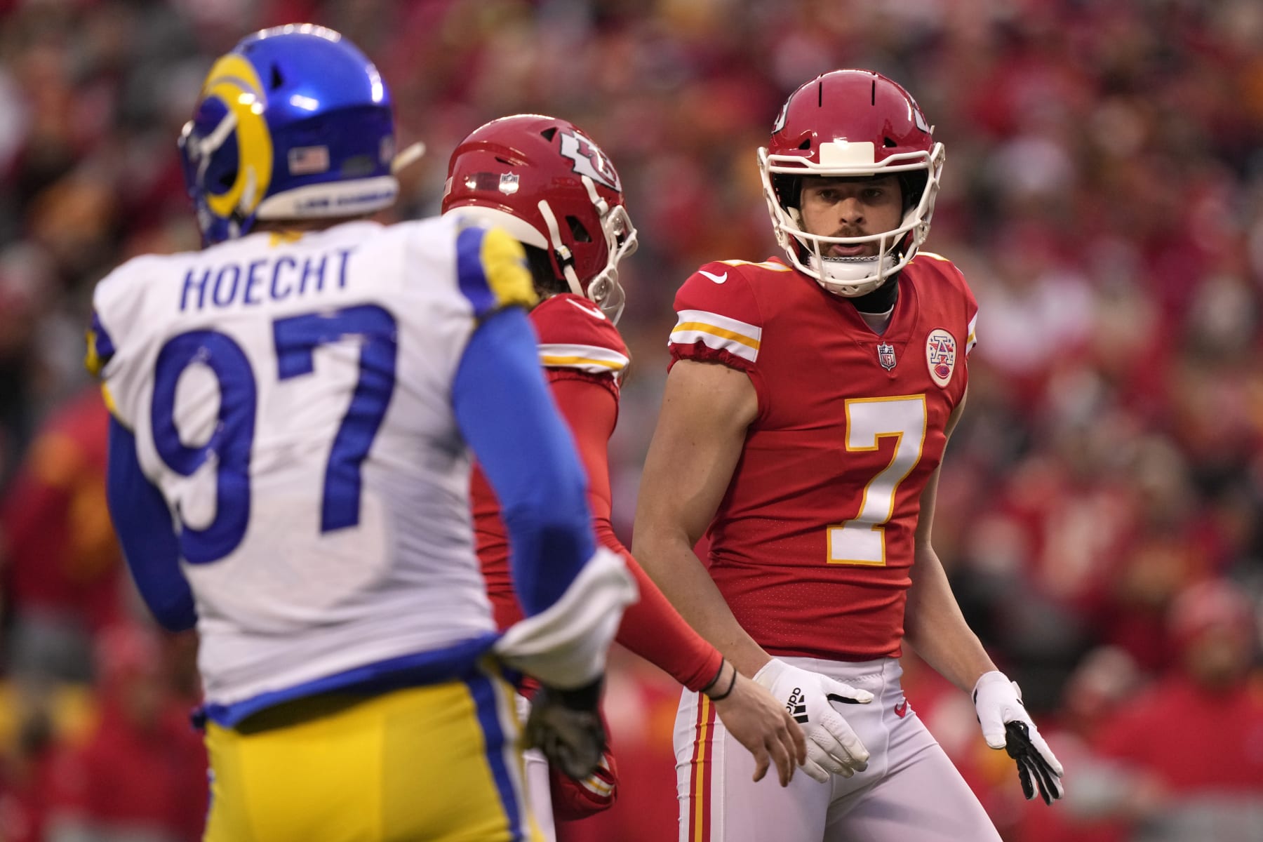 Kansas City Chiefs place kicker Harrison Butker (7) reacts after kicking a 27-yard field goal during the first half of an NFL football game against the Los Angeles Rams Sunday, Nov. 27, 2022, in Kansas City, Mo. (AP Photo/Charlie Riedel)