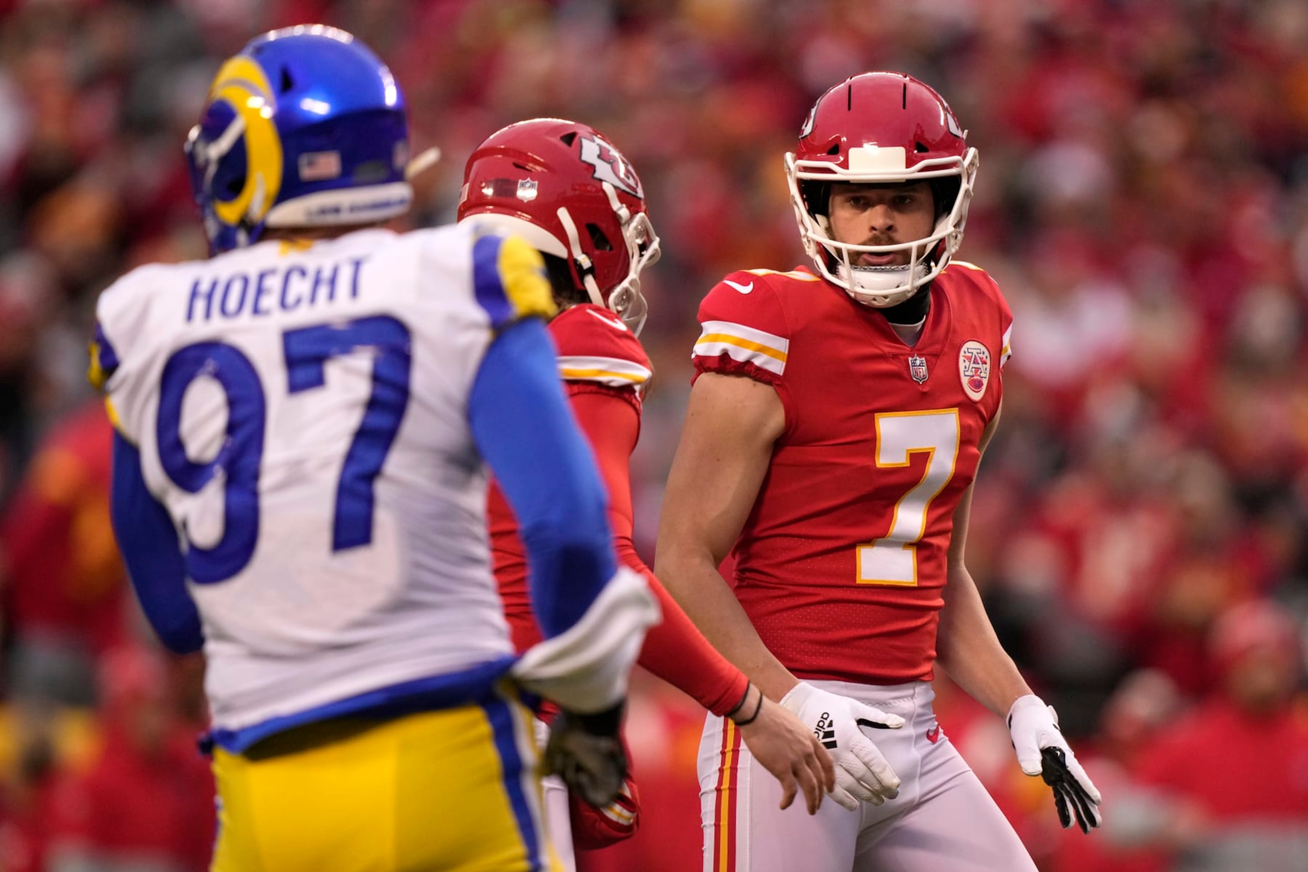 Kansas City Chiefs place kicker Harrison Butker (7) reacts after kicking a 27-yard field goal during the first half of an NFL football game against the Los Angeles Rams Sunday, Nov. 27, 2022, in Kansas City, Mo. (AP Photo/Charlie Riedel) Kansas City Chiefs place kicker Harrison Butker (7) reacts after kicking a 27-yard field goal during the first half of an NFL football game against the Los Angeles Rams Sunday, Nov. 27, 2022, in Kansas City, Mo. (AP Photo/Charlie Riedel)