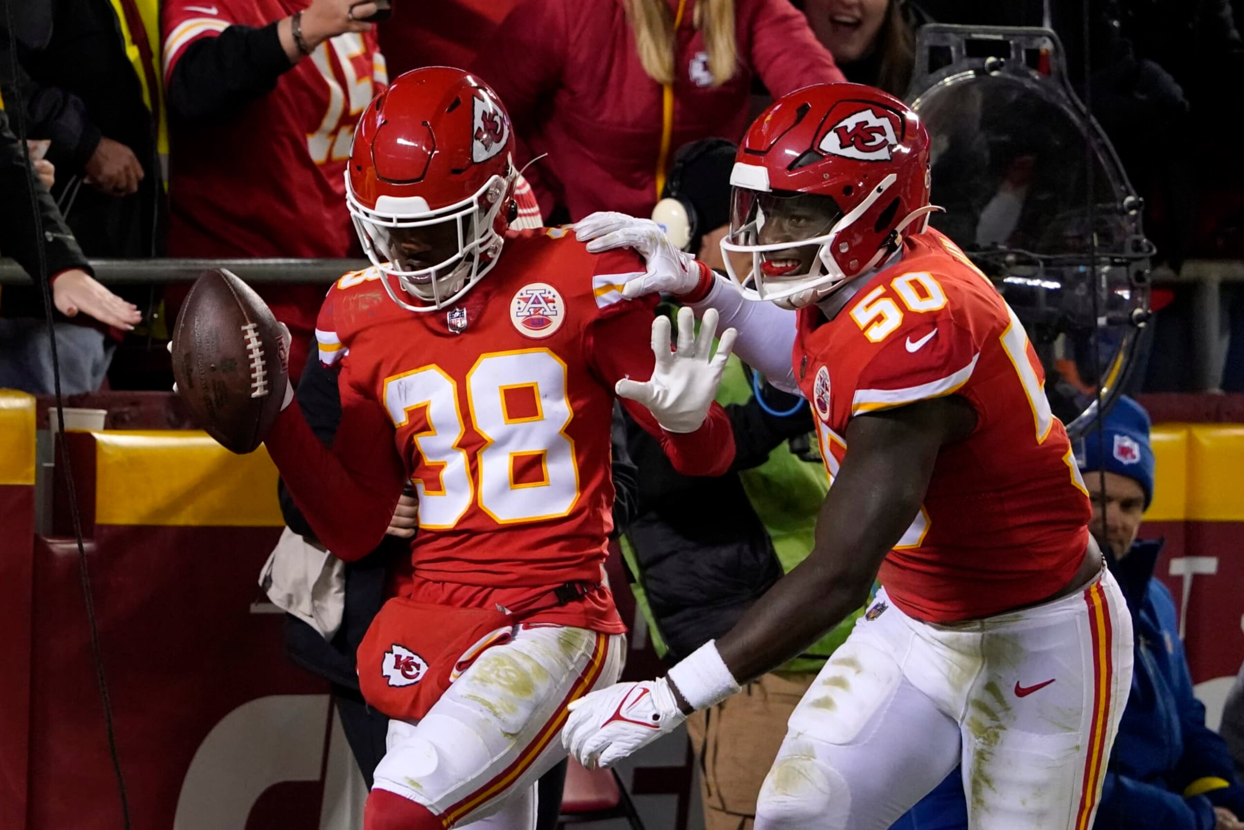 Kansas City Chiefs cornerback L'Jarius Sneed (38) celebrates with teammate linebacker Willie Gay (50) after intercepting a pass during the second half of an NFL football game against the Los Angeles Rams Sunday, Nov. 27, 2022, in Kansas City, Mo. (AP Photo/Ed Zurga) Kansas City Chiefs cornerback L'Jarius Sneed (38) celebrates with teammate linebacker Willie Gay (50) after intercepting a pass during the second half of an NFL football game against the Los Angeles Rams Sunday, Nov. 27, 2022, in Kansas City, Mo. (AP Photo/Ed Zurga)