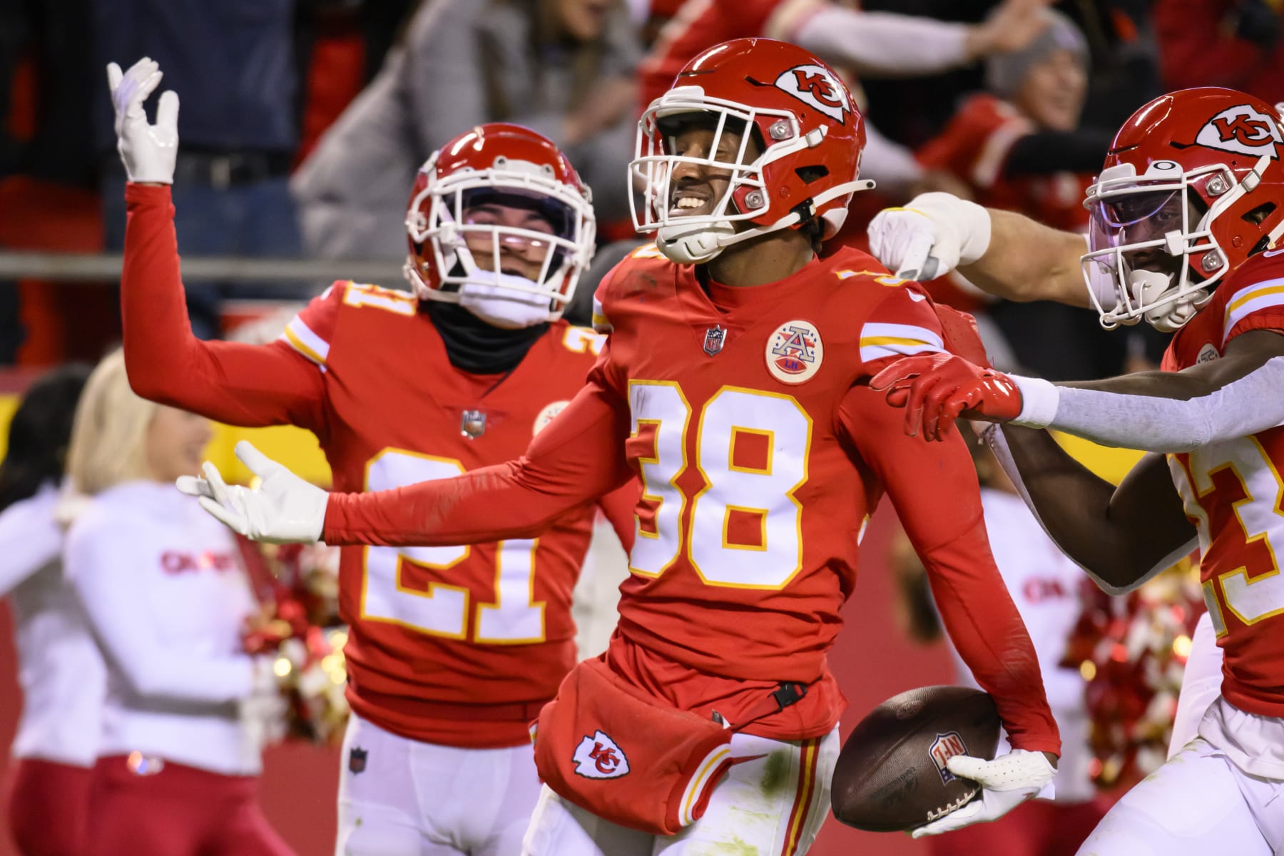 Kansas City Chiefs cornerback L'Jarius Sneed (38) celebrates his interception against the Los Angeles Rams during the second half of an NFL football game, Sunday, Nov. 27, 2022 in Kansas City, Mo. (AP Photo/Reed Hoffmann)
