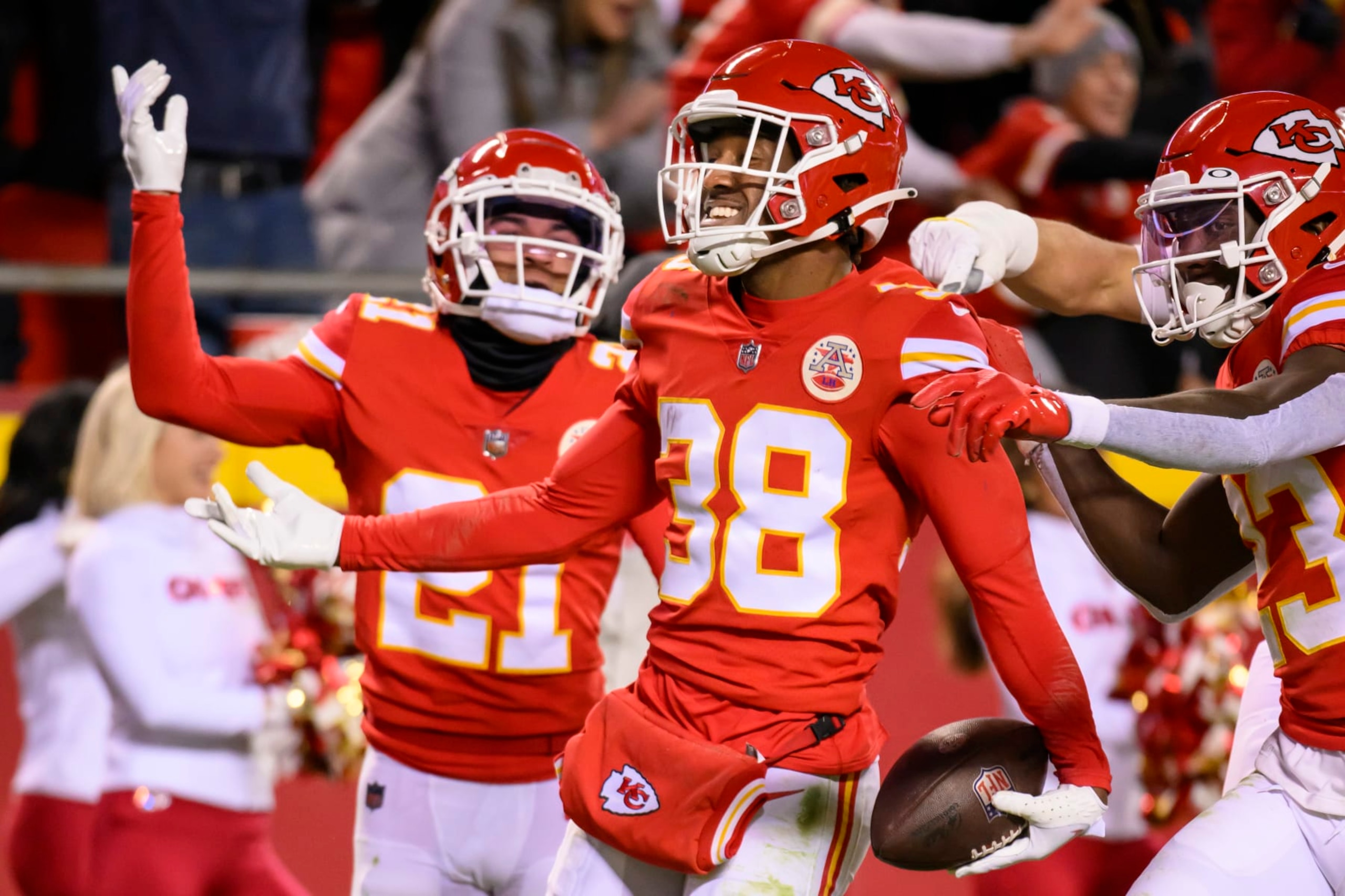 Kansas City Chiefs cornerback L'Jarius Sneed (38) celebrates his interception against the Los Angeles Rams during the second half of an NFL football game, Sunday, Nov. 27, 2022 in Kansas City, Mo. (AP Photo/Reed Hoffmann) Kansas City Chiefs cornerback L'Jarius Sneed (38) celebrates his interception against the Los Angeles Rams during the second half of an NFL football game, Sunday, Nov. 27, 2022 in Kansas City, Mo. (AP Photo/Reed Hoffmann)
