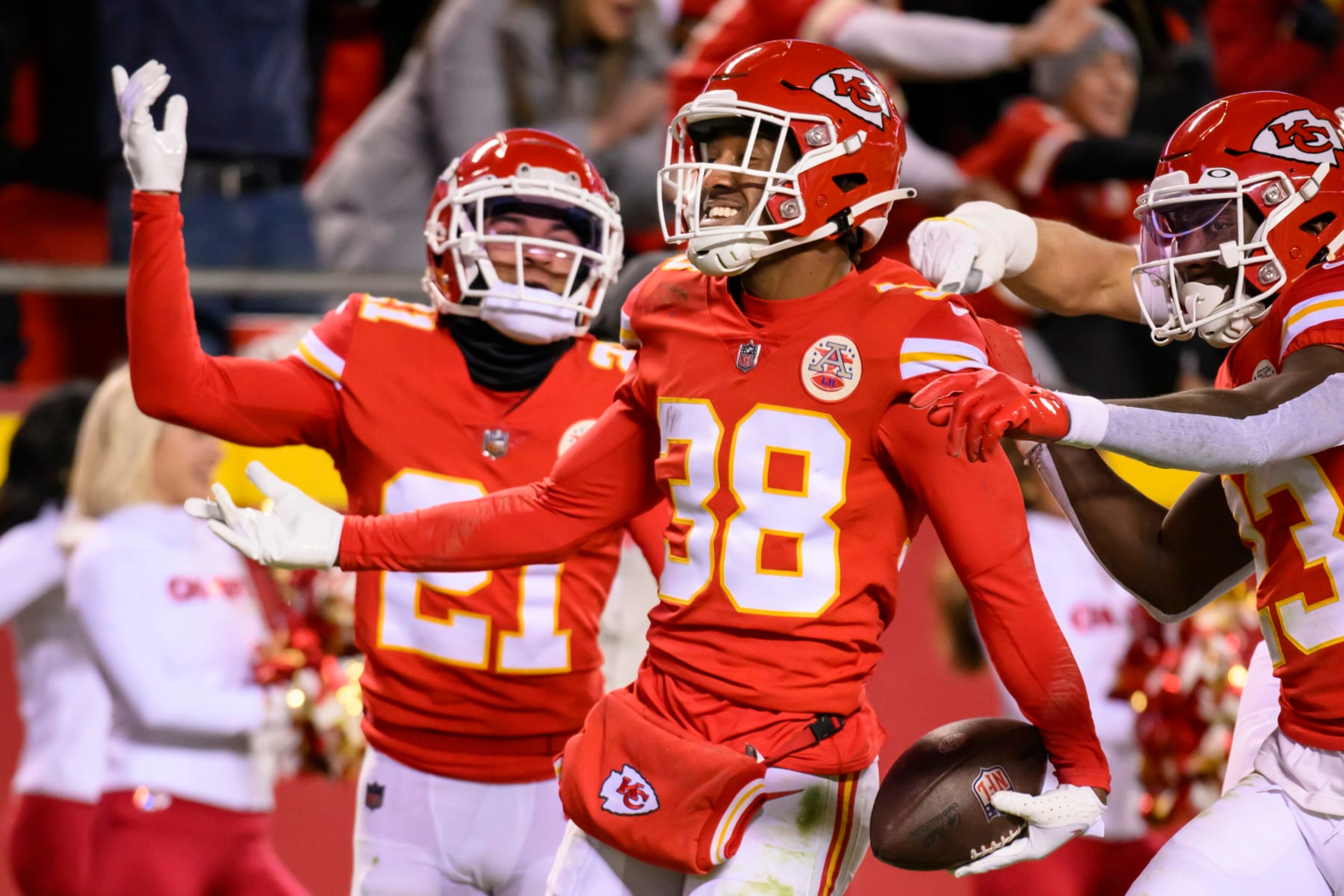 Kansas City Chiefs cornerback L'Jarius Sneed (38) celebrates his interception against the Los Angeles Rams during the second half of an NFL football game, Sunday, Nov. 27, 2022 in Kansas City, Mo. (AP Photo/Reed Hoffmann) Kansas City Chiefs cornerback L'Jarius Sneed (38) celebrates his interception against the Los Angeles Rams during the second half of an NFL football game, Sunday, Nov. 27, 2022 in Kansas City, Mo. (AP Photo/Reed Hoffmann)