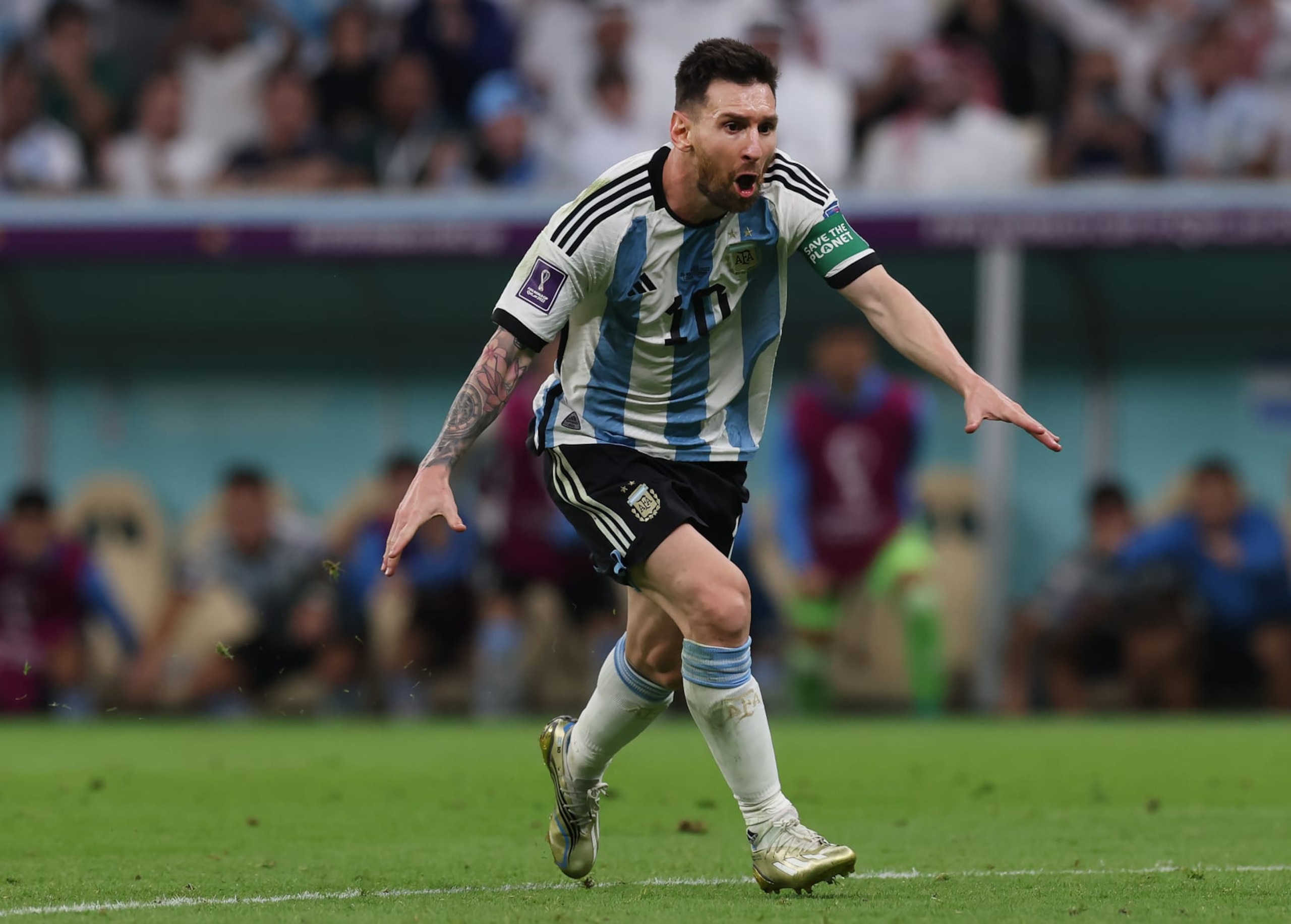 LUSAIL CITY, QATAR - NOVEMBER 26: Lionel Messi of Argentina celebrates after scoring the opening goal during the FIFA World Cup Qatar 2022 Group C match between Argentina and Mexico at Lusail Stadium on November 26, 2022 in Lusail City, Qatar. (Photo by Ian MacNicol/Getty Images)