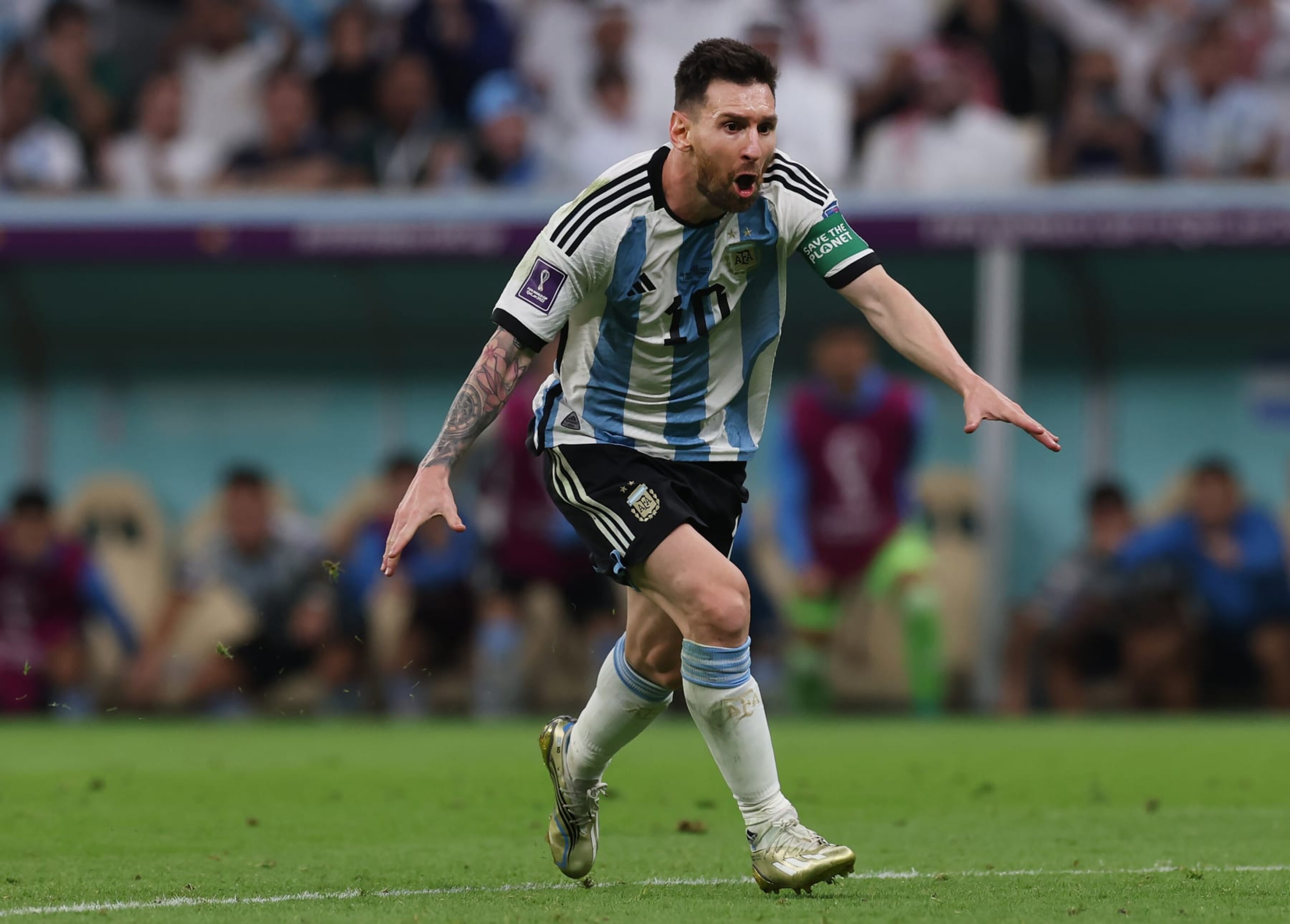 LUSAIL CITY, QATAR - NOVEMBER 26: Lionel Messi of Argentina celebrates after scoring the opening goal during the FIFA World Cup Qatar 2022 Group C match between Argentina and Mexico at Lusail Stadium on November 26, 2022 in Lusail City, Qatar. (Photo by Ian MacNicol/Getty Images)