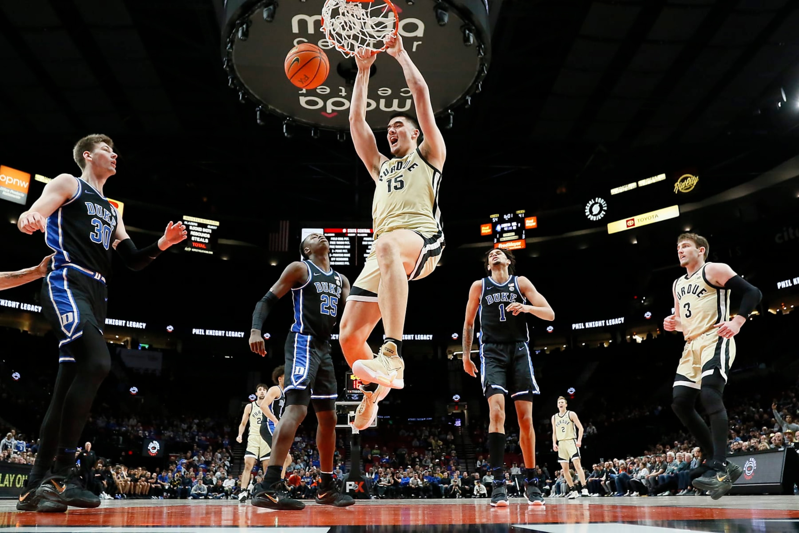 PORTLAND, OREGON - NOVEMBER 27: Zach Edey #15 of the Purdue Boilermakers dunks the ball against the Duke Blue Devils during the second half of the Phil Knight Legacy Tournament Menโs Championship at Moda Center on November 27, 2022 in Portland, Oregon. (Photo by Soobum Im/Getty Images) PORTLAND, OREGON - NOVEMBER 27: Zach Edey #15 of the Purdue Boilermakers dunks the ball against the Duke Blue Devils during the second half of the Phil Knight Legacy Tournament Menโs Championship at Moda Center on November 27, 2022 in Portland, Oregon. (Photo by Soobum Im/Getty Images)