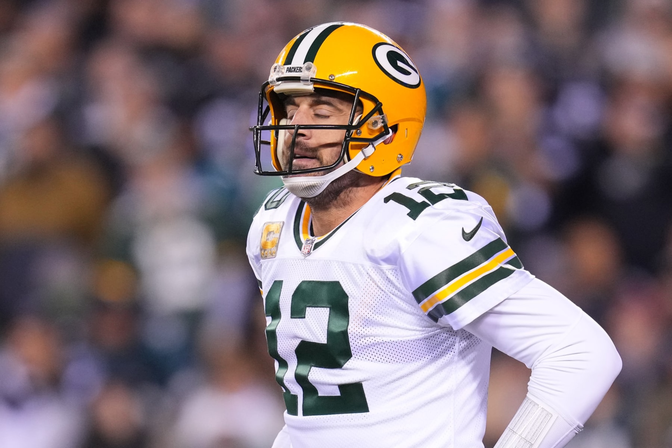 PHILADELPHIA, PENNSYLVANIA - NOVEMBER 27: Aaron Rodgers #12 of the Green Bay Packers reacts after throwing an incomplete pass during the first quarter against the Philadelphia Eagles at Lincoln Financial Field on November 27, 2022 in Philadelphia, Pennsylvania. (Photo by Mitchell Leff/Getty Images) PHILADELPHIA, PENNSYLVANIA - NOVEMBER 27: Aaron Rodgers #12 of the Green Bay Packers reacts after throwing an incomplete pass during the first quarter against the Philadelphia Eagles at Lincoln Financial Field on November 27, 2022 in Philadelphia, Pennsylvania. (Photo by Mitchell Leff/Getty Images)