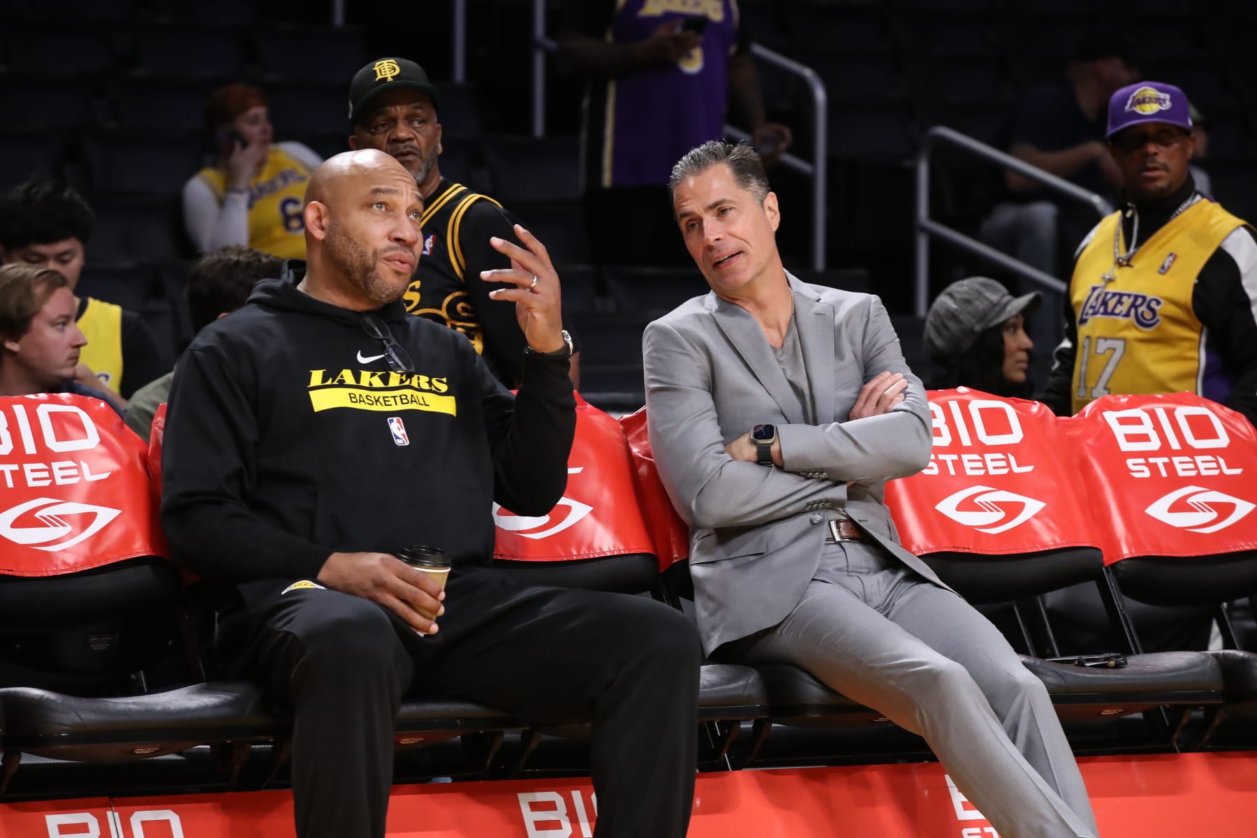 LOS ANGELES, CA - NOVEMBER 06: Los Angeles Lakers coach Darvin Ham talks with Rob Pelinka before the NBA game between the Cleveland Cavilers and the Los Angeles Lakers on November 06, 2022, at Crypto.com Arena in Los Angeles, CA. (Photo by Jevone Moore/Icon Sportswire via Getty Images)