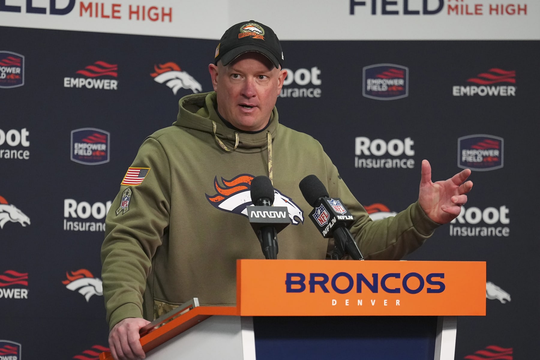 Denver Broncos head coach Nathaniel Hackett speaks at a news conference after an NFL football game against the Las Vegas Raiders in Denver, Sunday, Nov. 20, 2022. (AP Photo/Jack Dempsey)