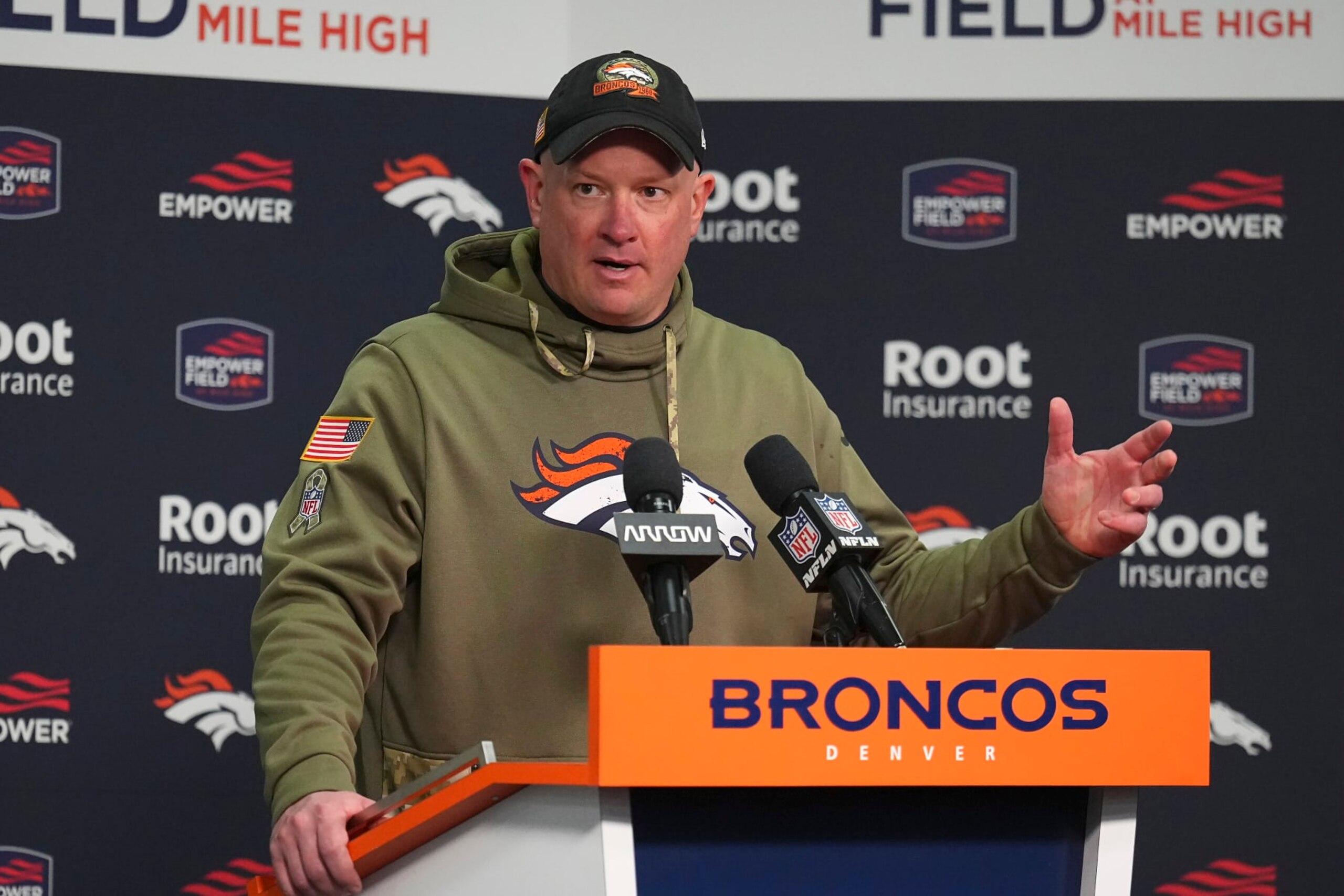 Denver Broncos head coach Nathaniel Hackett speaks at a news conference after an NFL football game against the Las Vegas Raiders in Denver, Sunday, Nov. 20, 2022. (AP Photo/Jack Dempsey)