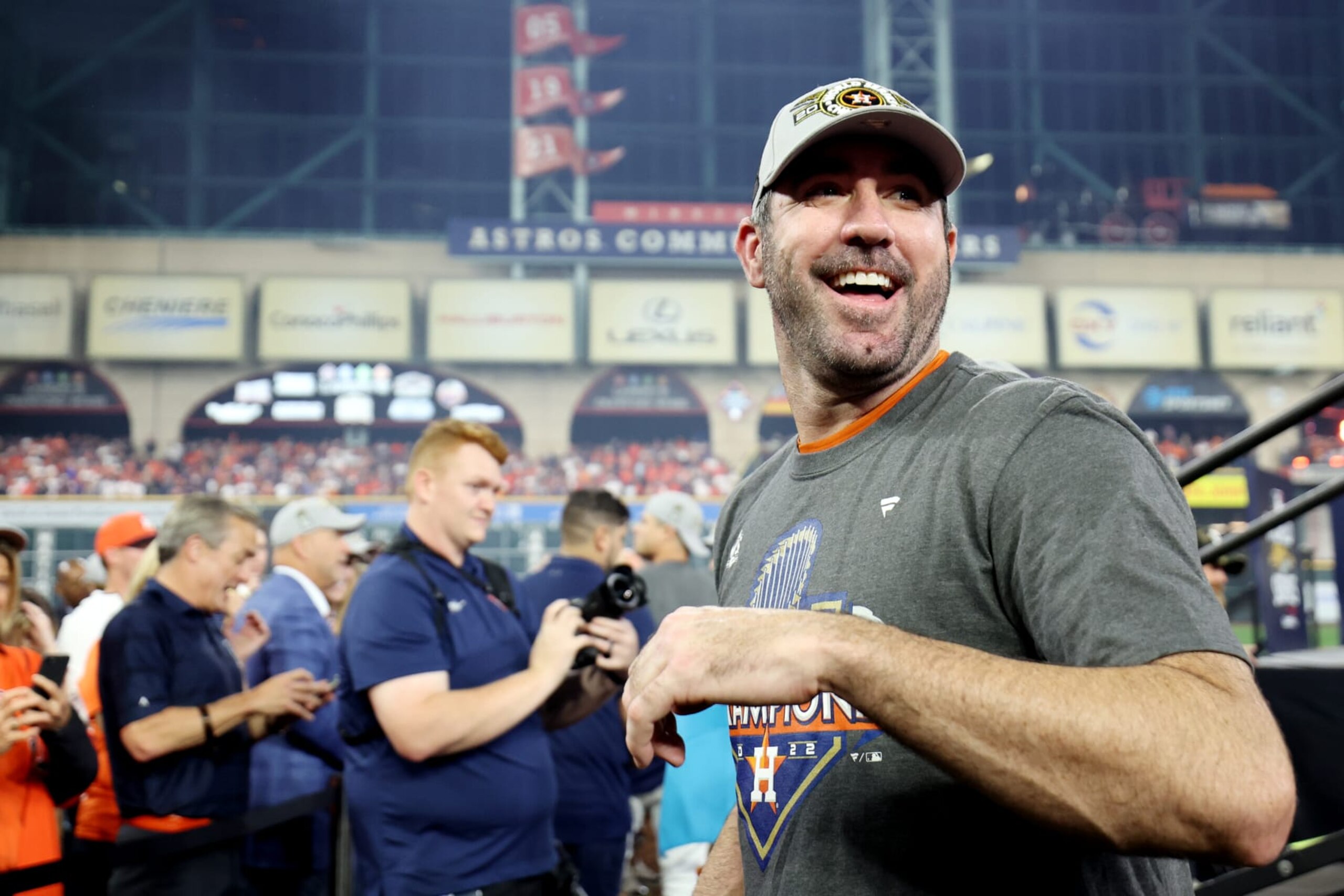HOUSTON, TX - NOVEMBER 05:  Justin Verlander #35 of the Houston Astros celebrates on the field after the Astros defeated the Philadelphia Phillies in Game 6 of the 2022 World Series at Minute Maid Park on Saturday, November 5, 2022 in Houston, Texas. (Photo by Mary DeCicco/MLB Photos via Getty Images)