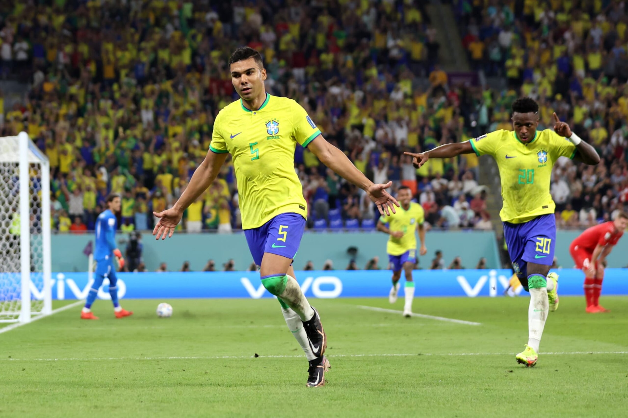 DOHA, QATAR - NOVEMBER 28: Casemiro of Brazil celebrates after scoring their team's first goal during the FIFA World Cup Qatar 2022 Group G match between Brazil and Switzerland at Stadium 974 on November 28, 2022 in Doha, Qatar. (Photo by Maddie Meyer - FIFA/FIFA via Getty Images) DOHA, QATAR - NOVEMBER 28: Casemiro of Brazil celebrates after scoring their team's first goal during the FIFA World Cup Qatar 2022 Group G match between Brazil and Switzerland at Stadium 974 on November 28, 2022 in Doha, Qatar. (Photo by Maddie Meyer - FIFA/FIFA via Getty Images)
