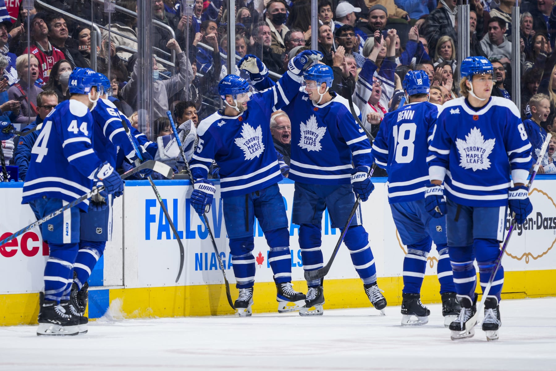 Mark Giordano, Justin Holl and Jordie Benn