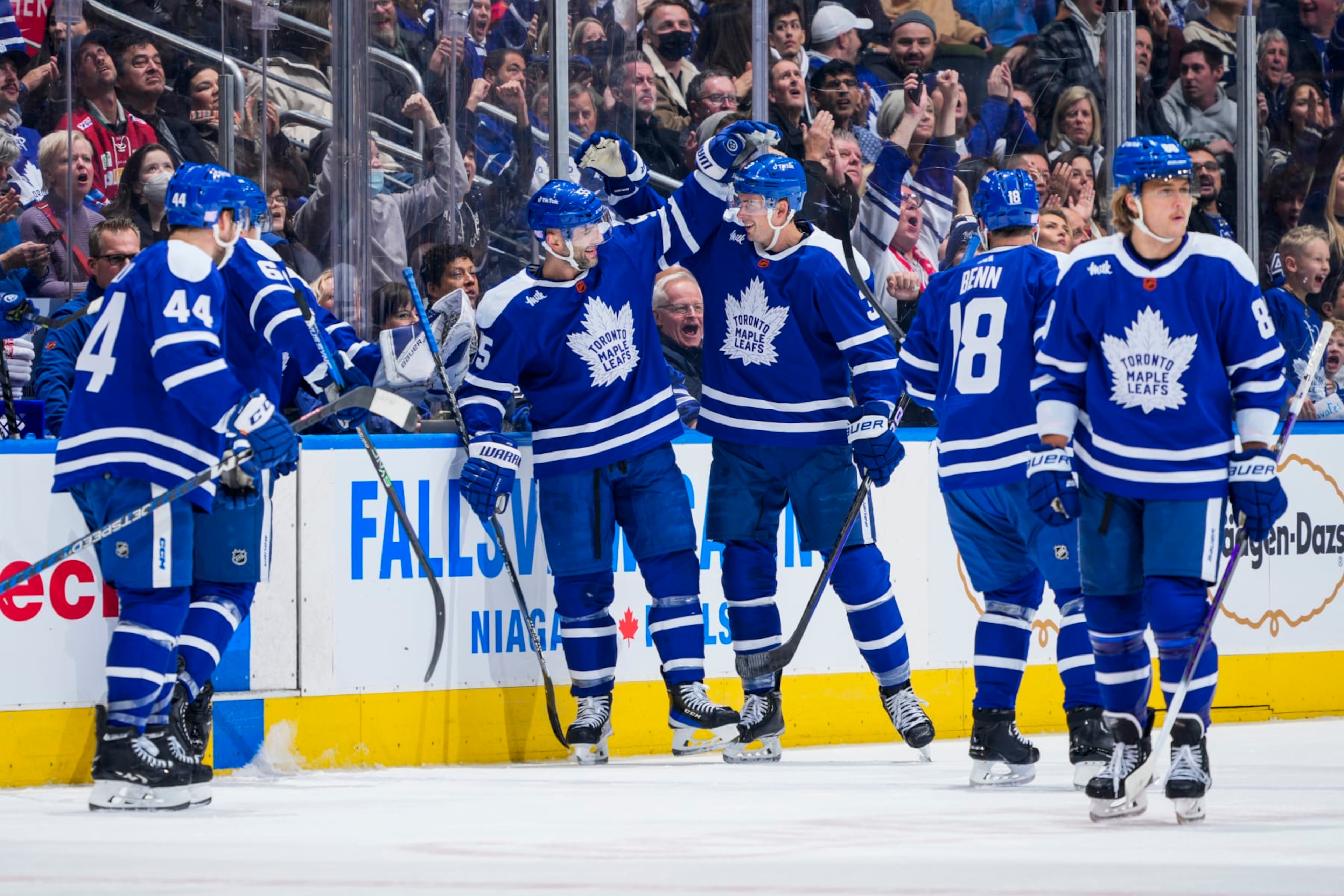Mark Giordano, Justin Holl and Jordie Benn