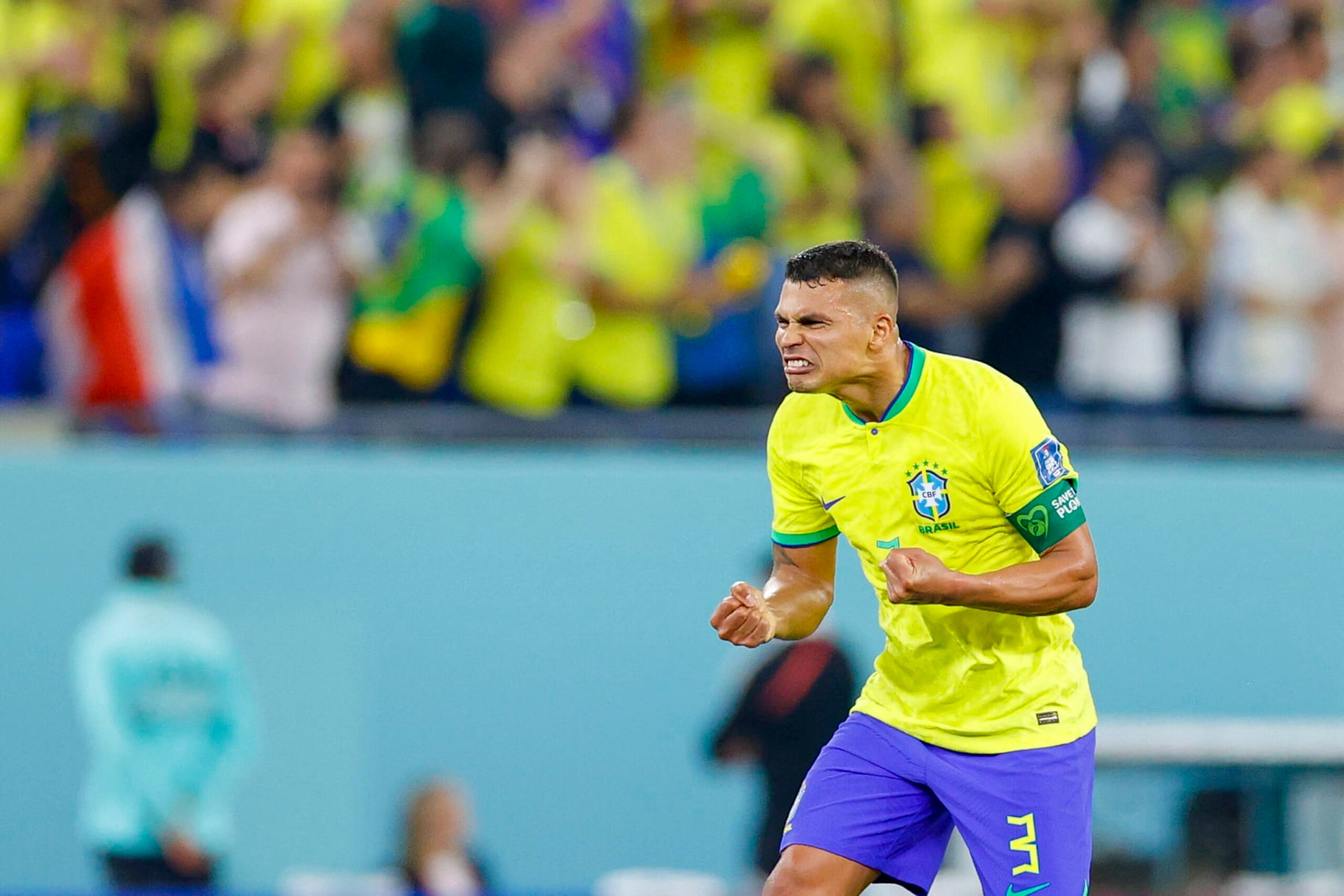 DOHA, QATAR - NOVEMBER 28: Thiago Silva of Brazil Goal celebration, celebrating with his team after Casemiro of Brazil scored the 1:0 during the FIFA World Cup Qatar 2022 Group G match between Brazil and Switzerland at Stadium 974 on November 28, 2022 in Doha, Qatar. (Photo by Matteo Ciambelli/DeFodi Images via Getty Images)