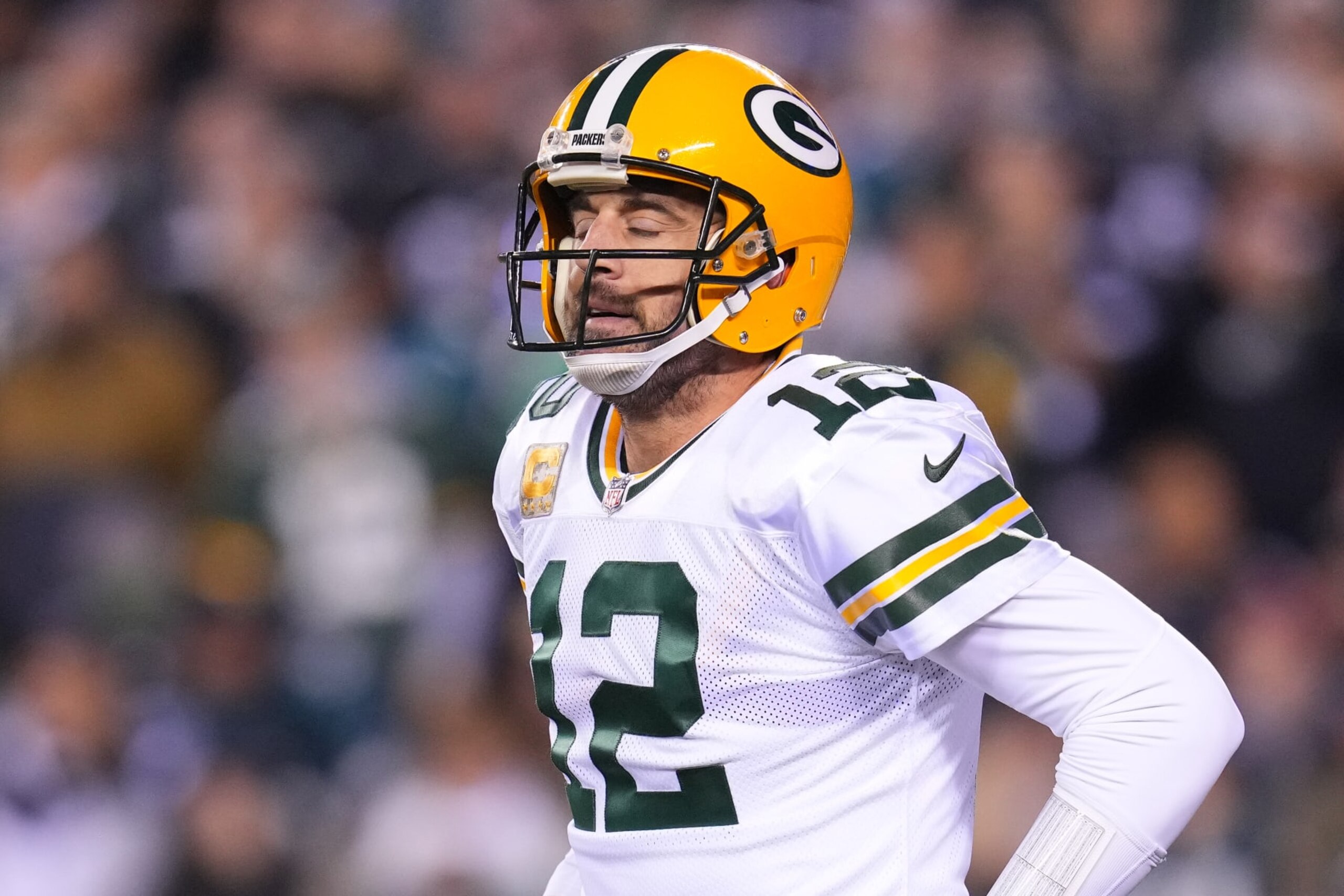PHILADELPHIA, PENNSYLVANIA - NOVEMBER 27: Aaron Rodgers #12 of the Green Bay Packers reacts after throwing an incomplete pass during the first quarter against the Philadelphia Eagles at Lincoln Financial Field on November 27, 2022 in Philadelphia, Pennsylvania. (Photo by Mitchell Leff/Getty Images)