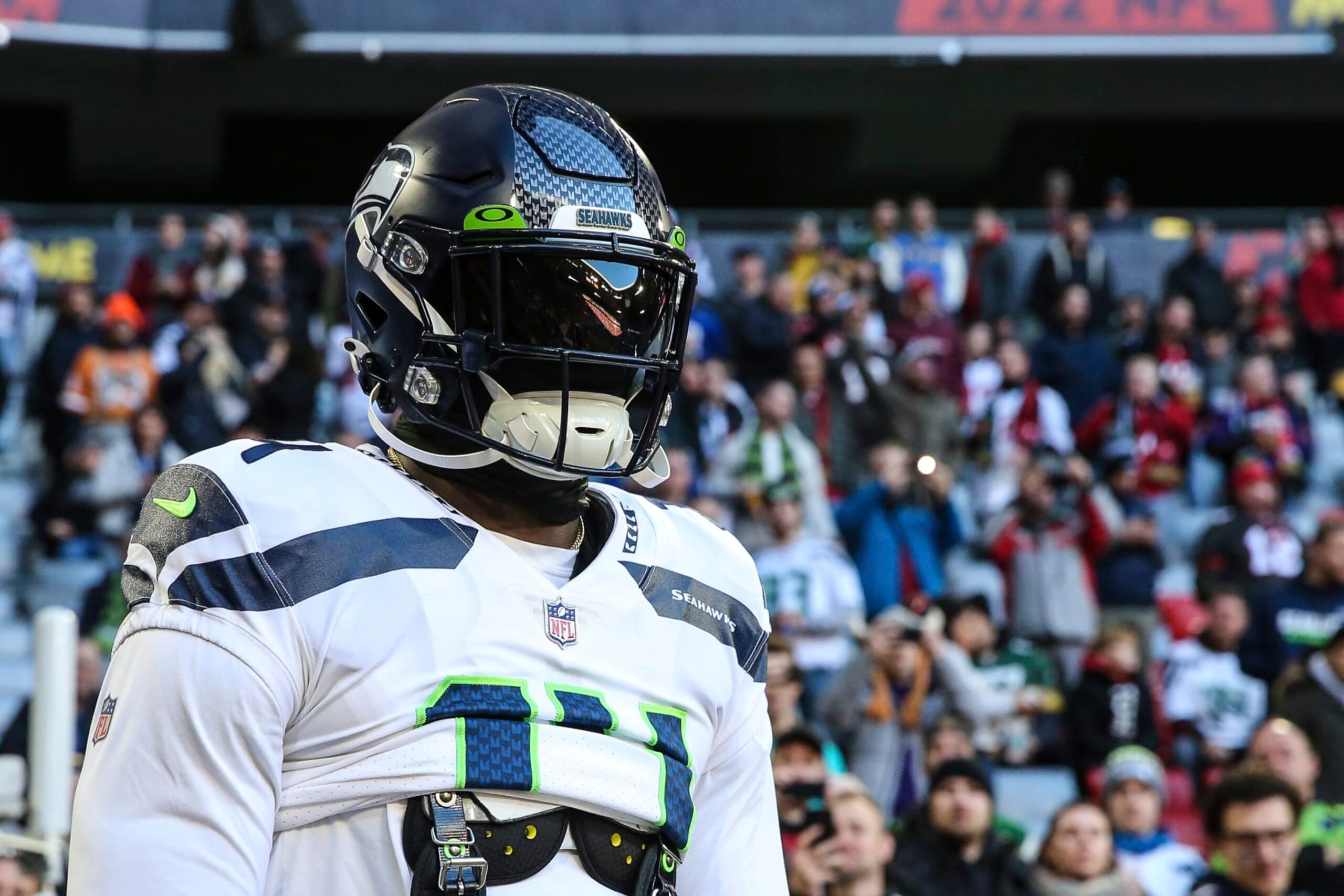 Seattle Seahawks wide receiver DK Metcalf (14) runs onto the field for an NFL football game against the Tampa Bay Buccaneers on Nov. 13, 2022, in Munich. The Buccaneers defeated the Seahawks 21-16. (AP Photo/Gary McCullough)