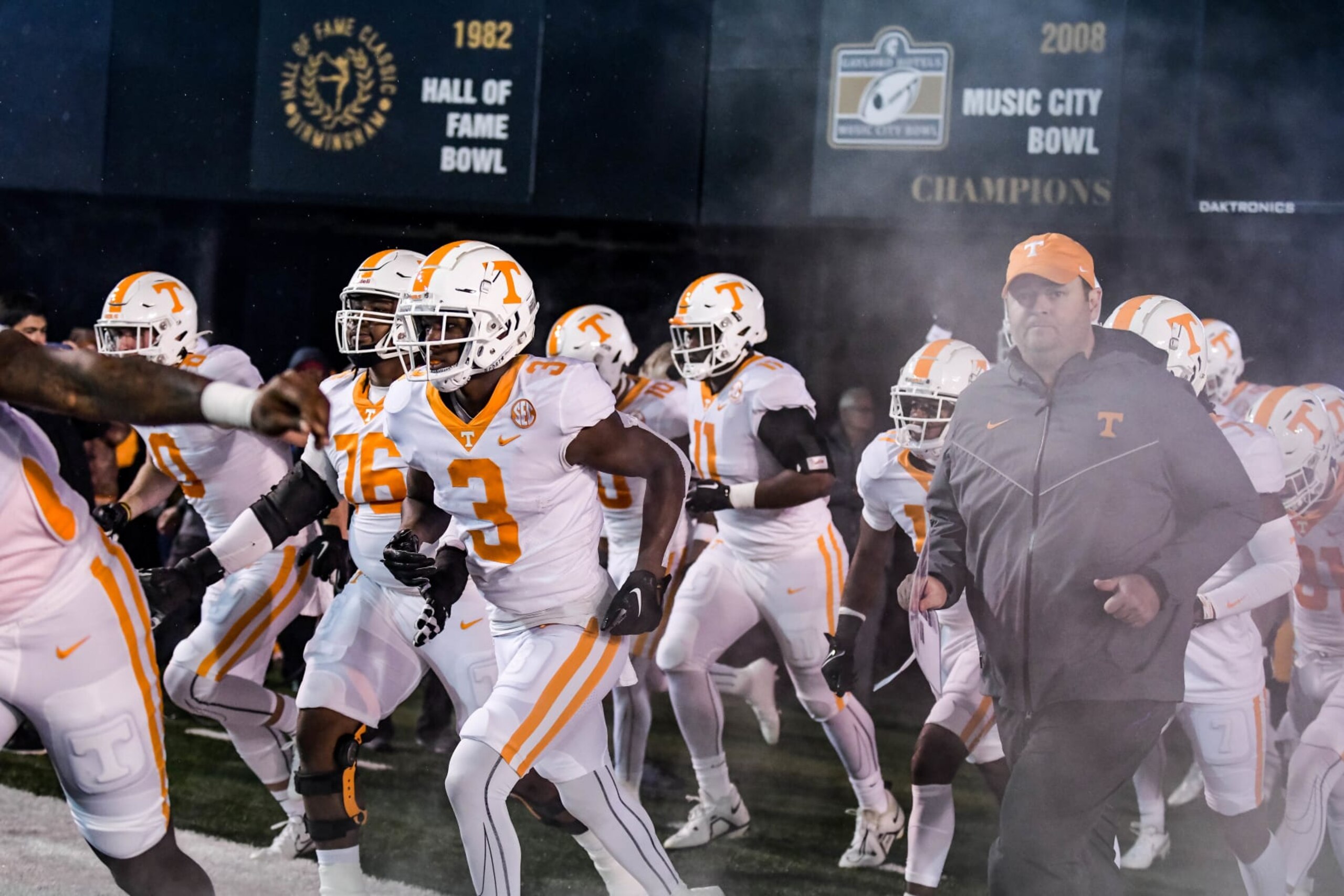 NASHVILLE, TENNESSEE - NOVEMBER 26: Dee Williams of the Tennessee Volunteers runs out pregame against the Vanderbilt Commodore at Vanderbilt Stadium on November 26, 2022 in Nashville, Tennessee. (Photo by Carly Mackler/Getty Images)