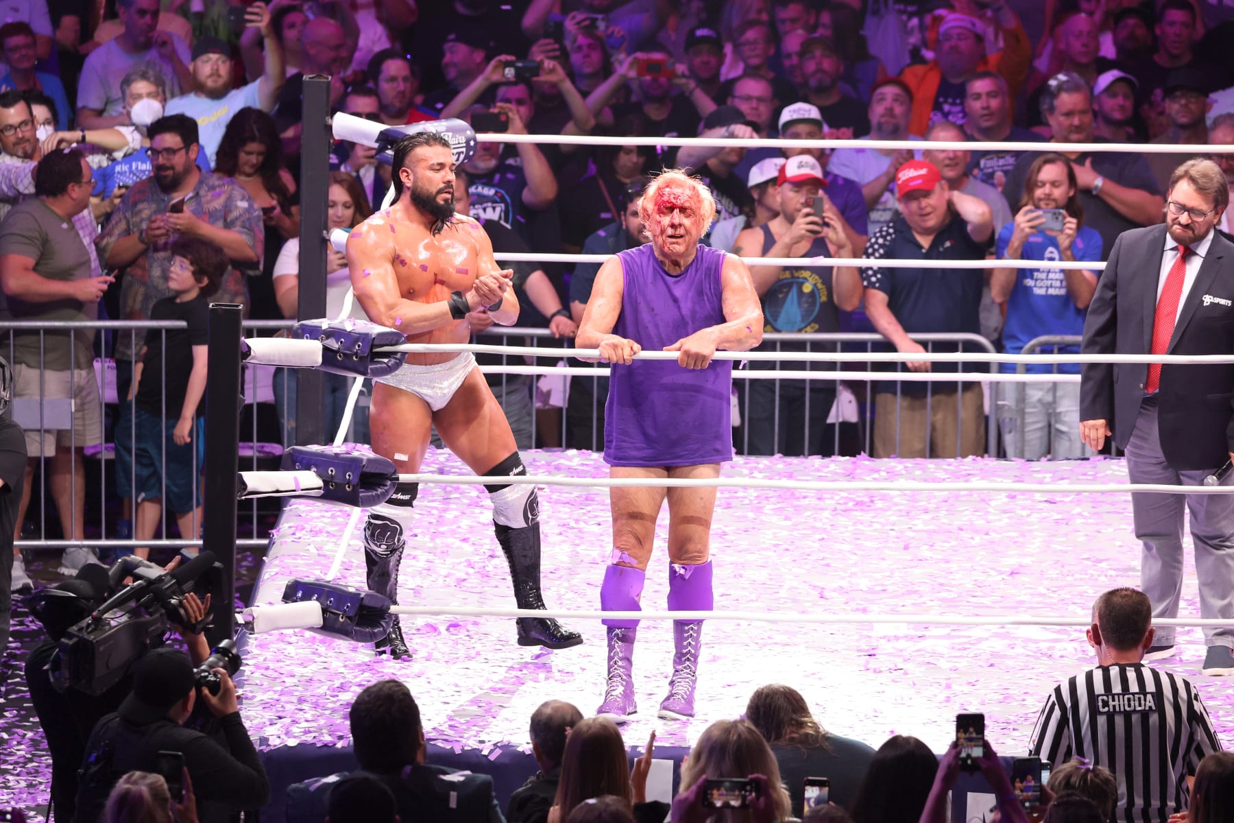 NASHVILLE, TENNESSEE - JULY 31: Andrade El Idolo and Ric Flair in action during Ric Flair's Last Match at Nashville Municipal Auditorium on July 31, 2022 in Nashville, Tennessee. (Photo by Jason Kempin/Getty Images)