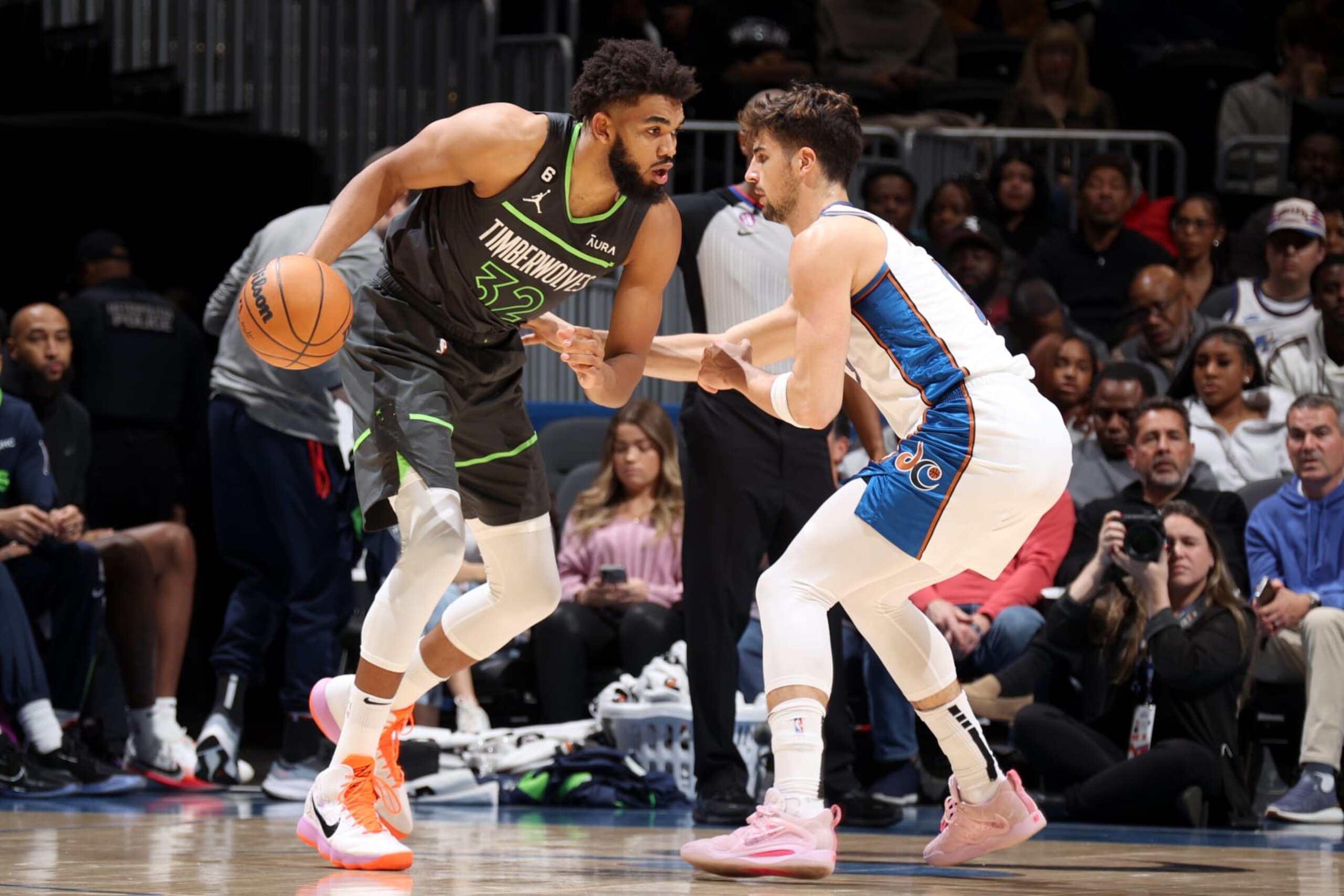 WASHINGTON, DC -  NOVEMBER 28: Karl-Anthony Towns #32 of the Minnesota Timberwolves dribbles the ball during the game against the Washington Wizards on November 28, 2022 at Capital One Arena in Washington, DC. NOTE TO USER: User expressly acknowledges and agrees that, by downloading and or using this Photograph, user is consenting to the terms and conditions of the Getty Images License Agreement. Mandatory Copyright Notice: Copyright 2022 NBAE (Photo by Stephen Gosling/NBAE via Getty Images)